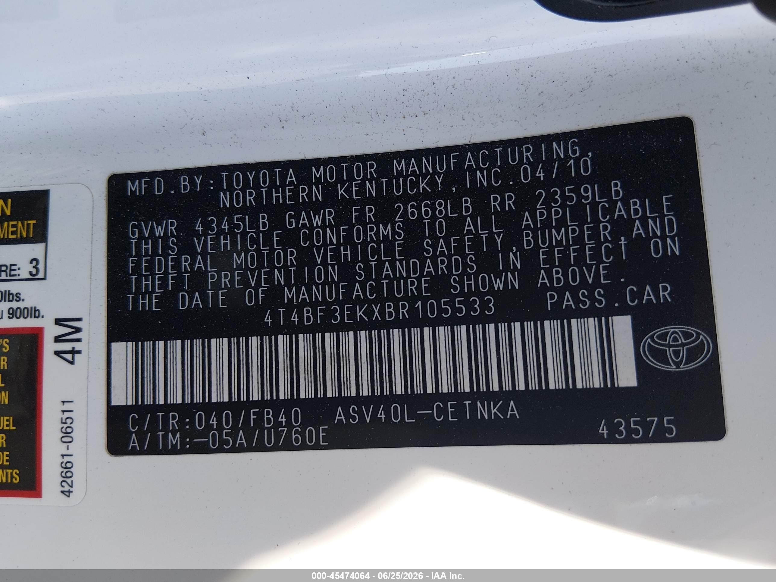 2011 Toyota Camry Le Белый vin: 4T4BF3EKXBR105533