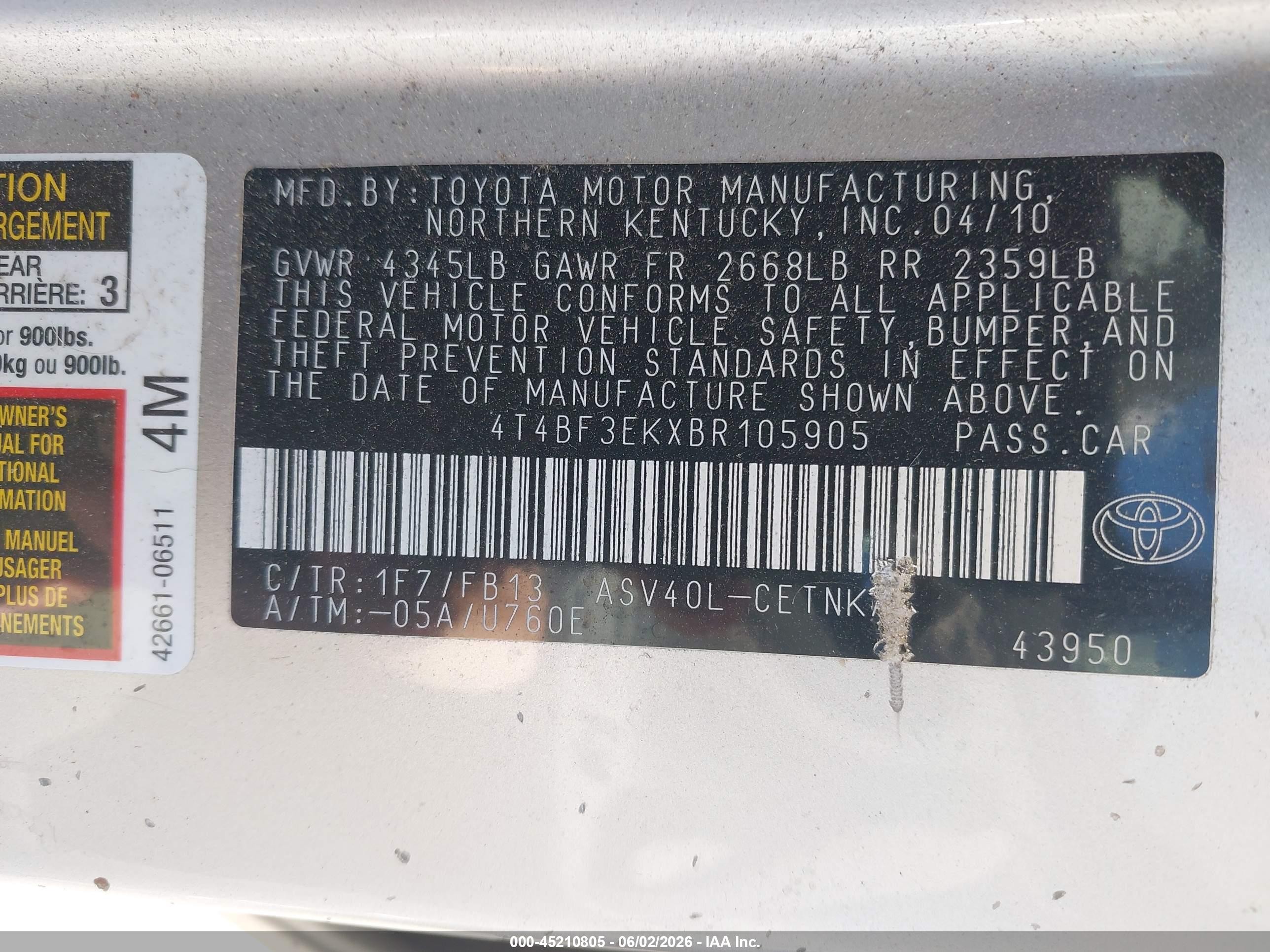 2011 Toyota Camry Le Silver vin: 4T4BF3EKXBR105905