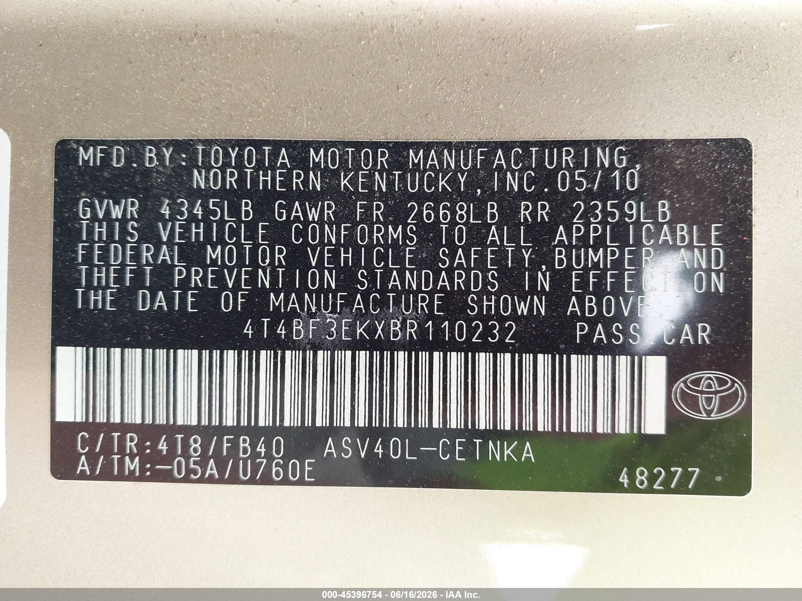 2011 Toyota Camry Le Gold vin: 4T4BF3EKXBR110232