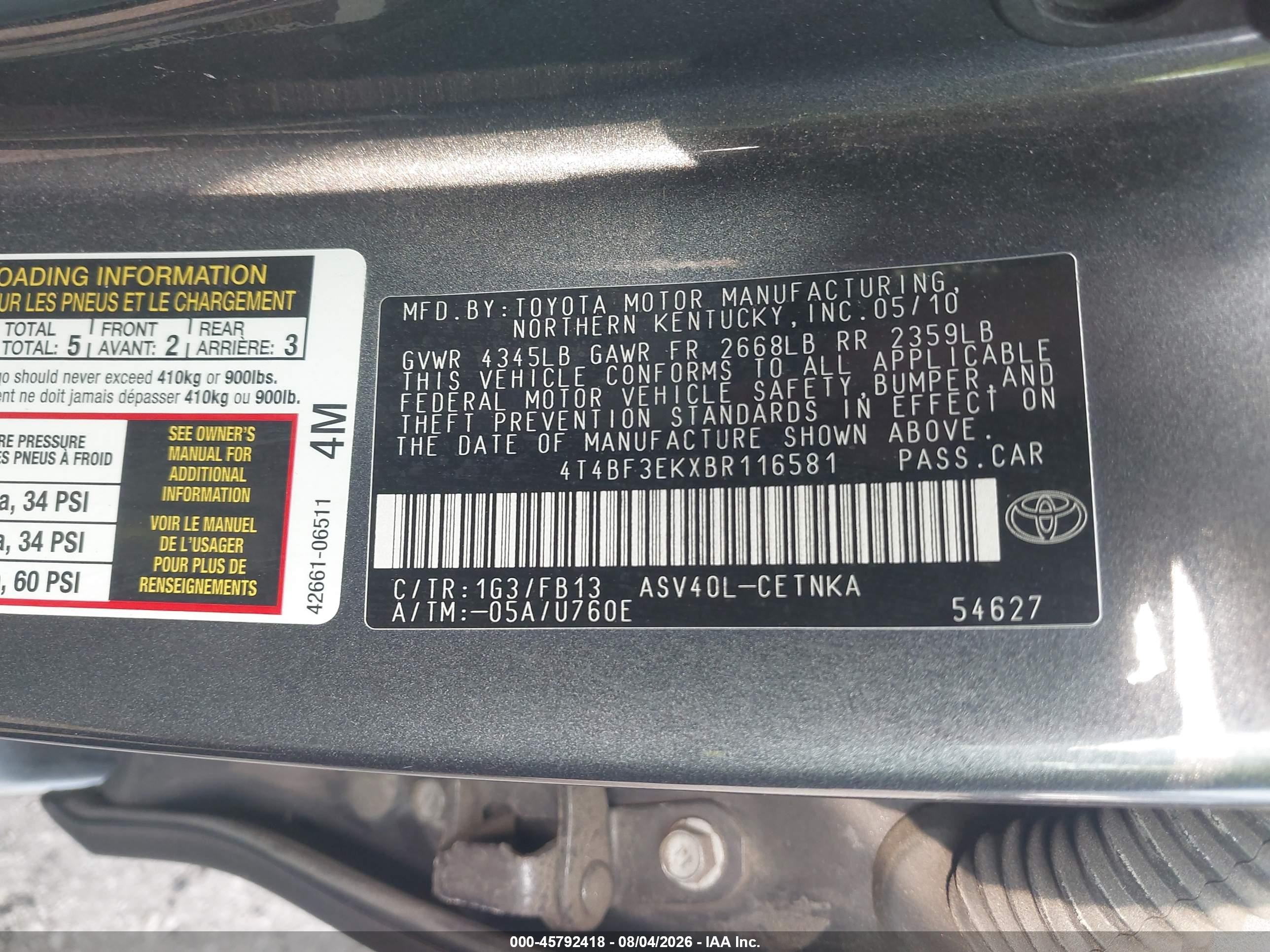 2011 Toyota Camry Le Gray vin: 4T4BF3EKXBR116581
