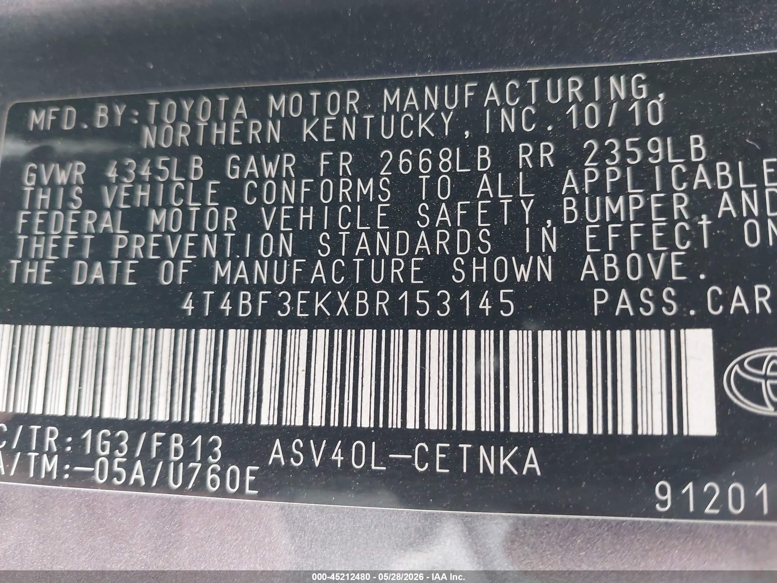 2011 Toyota Camry Le Gray vin: 4T4BF3EKXBR153145