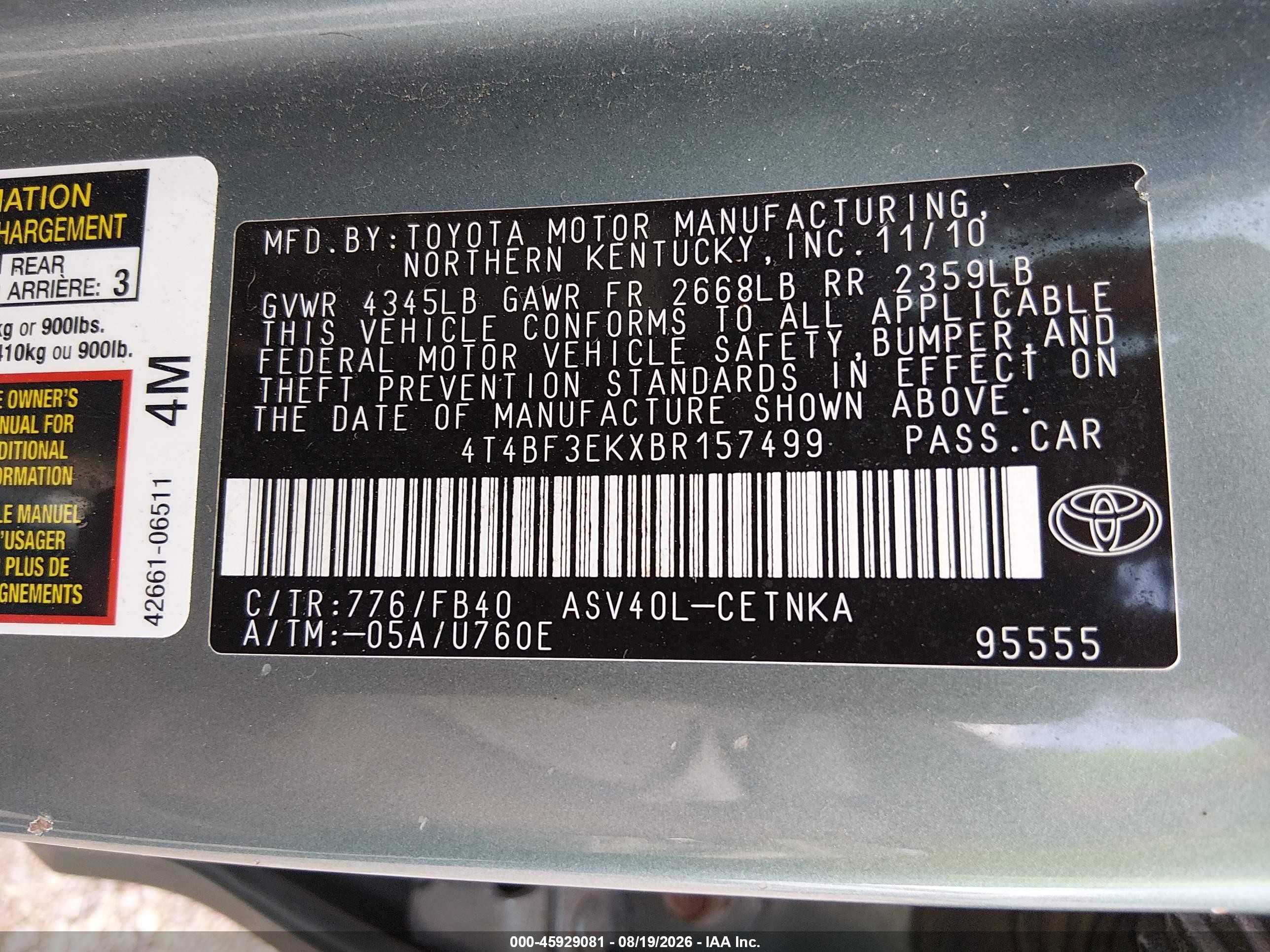 2011 Toyota Camry Le Light Blue vin: 4T4BF3EKXBR157499