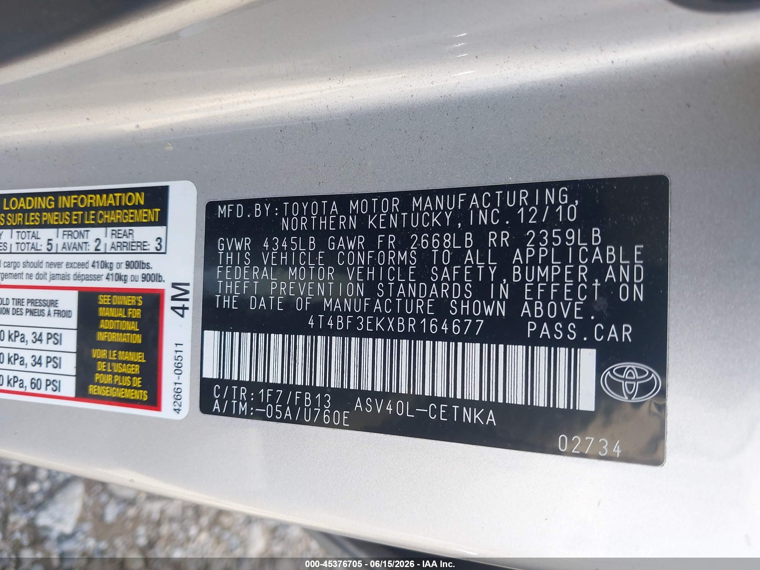 2011 Toyota Camry Le Silver vin: 4T4BF3EKXBR164677