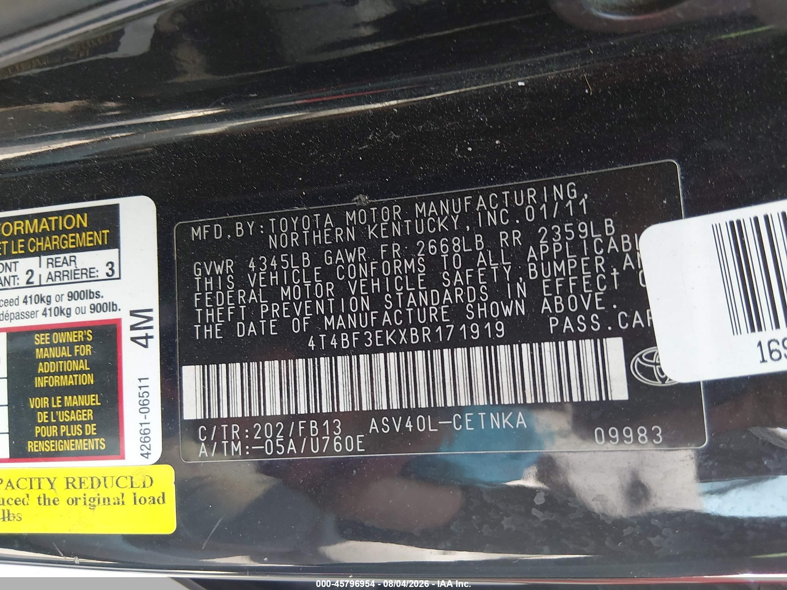 2011 Toyota Camry Le Black vin: 4T4BF3EKXBR171919