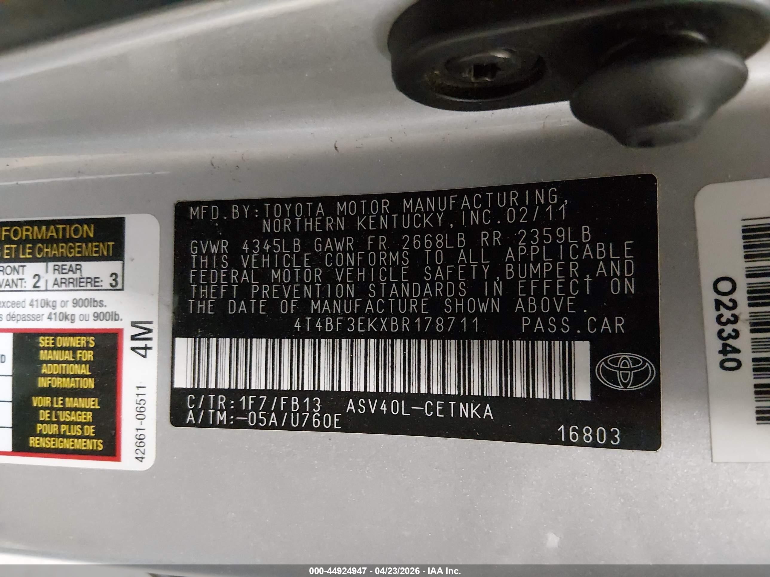2011 Toyota Camry Le Silver vin: 4T4BF3EKXBR178711