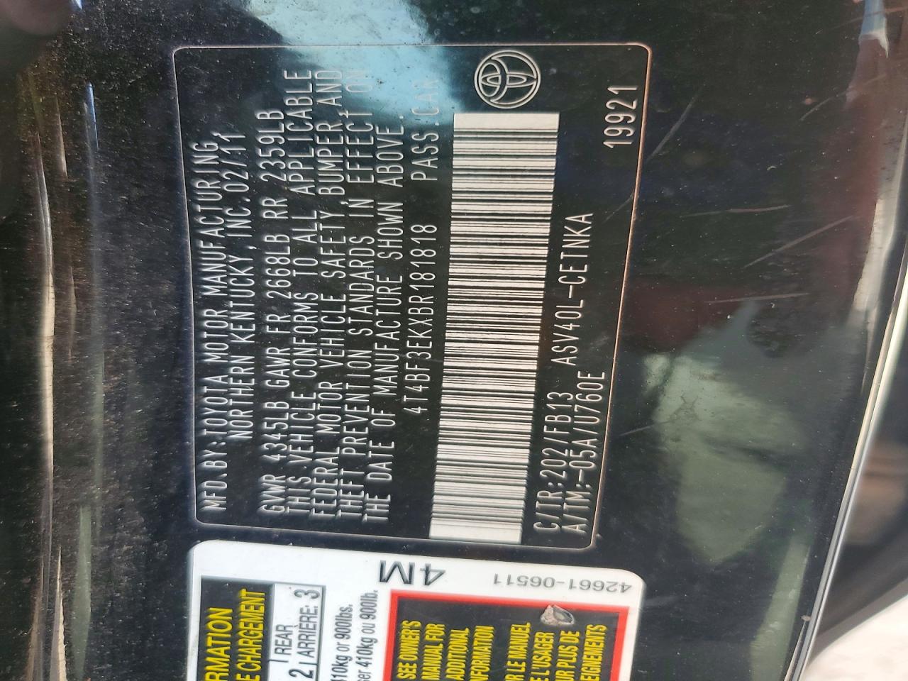 2011 Toyota Camry Le Черный vin: 4T4BF3EKXBR181818