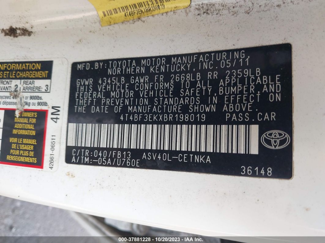 2011 Toyota Camry Le White vin: 4T4BF3EKXBR198019