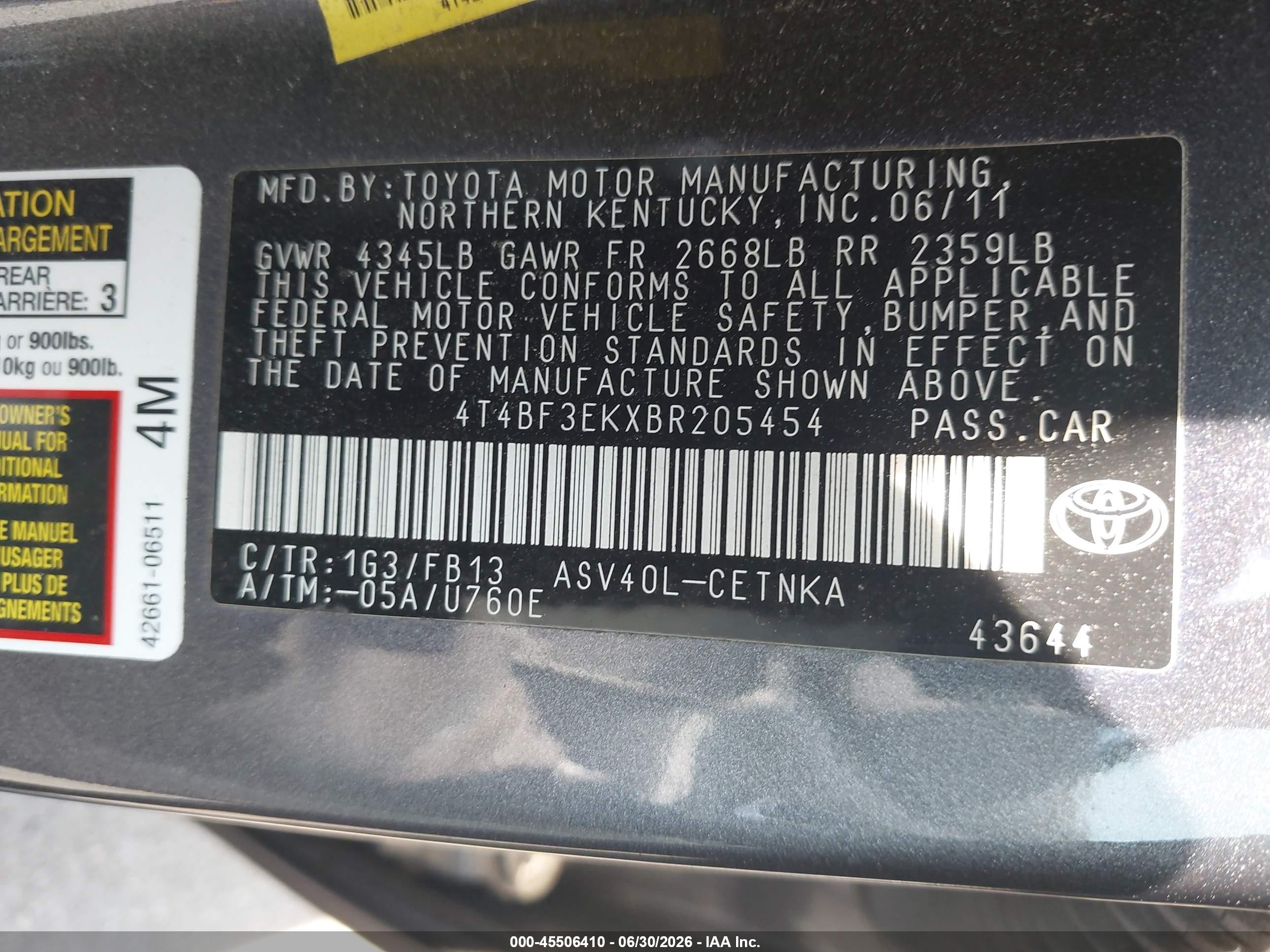 2011 Toyota Camry Le Gray vin: 4T4BF3EKXBR205454