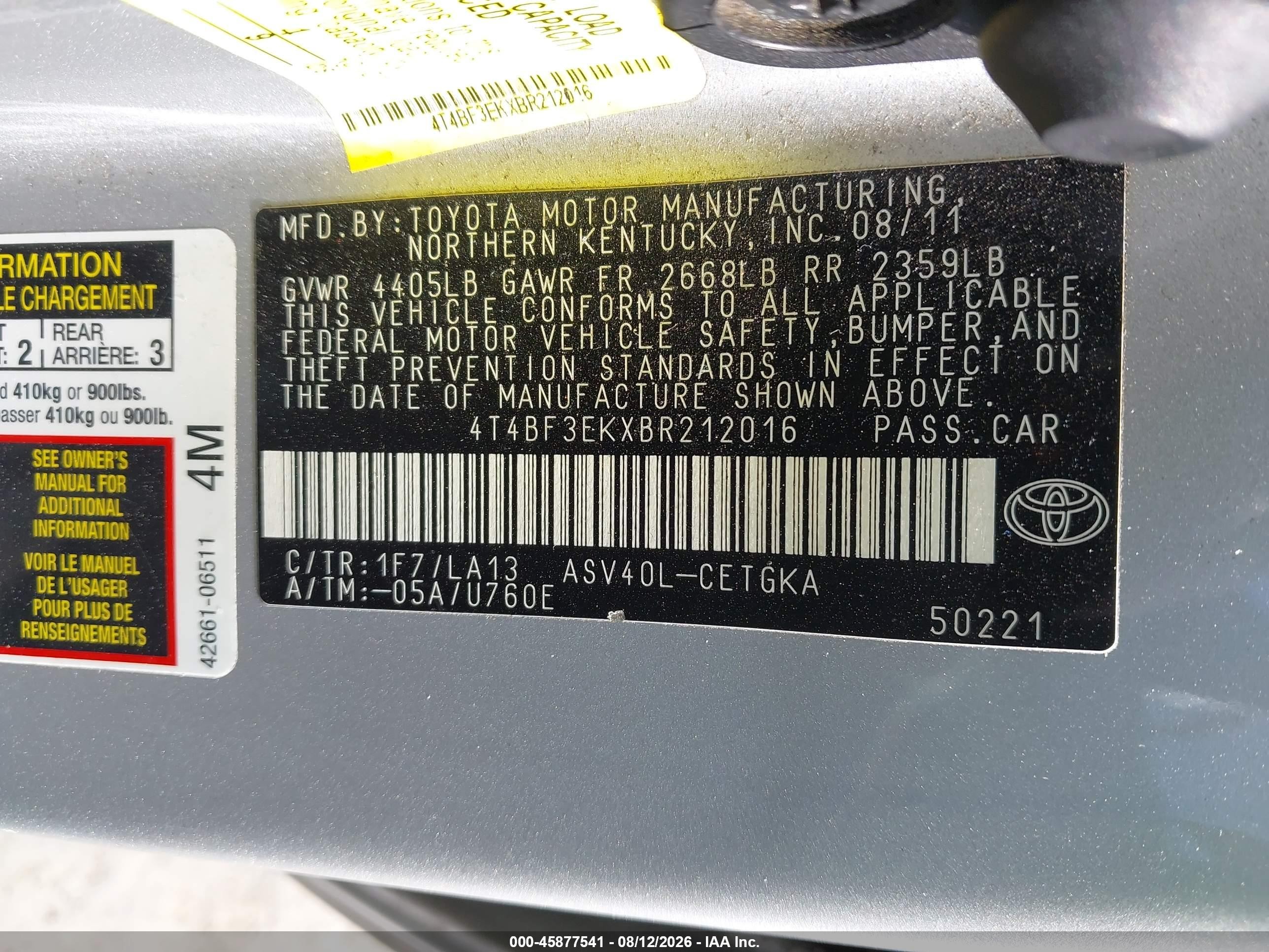 2011 Toyota Camry Xle Silver vin: 4T4BF3EKXBR212016