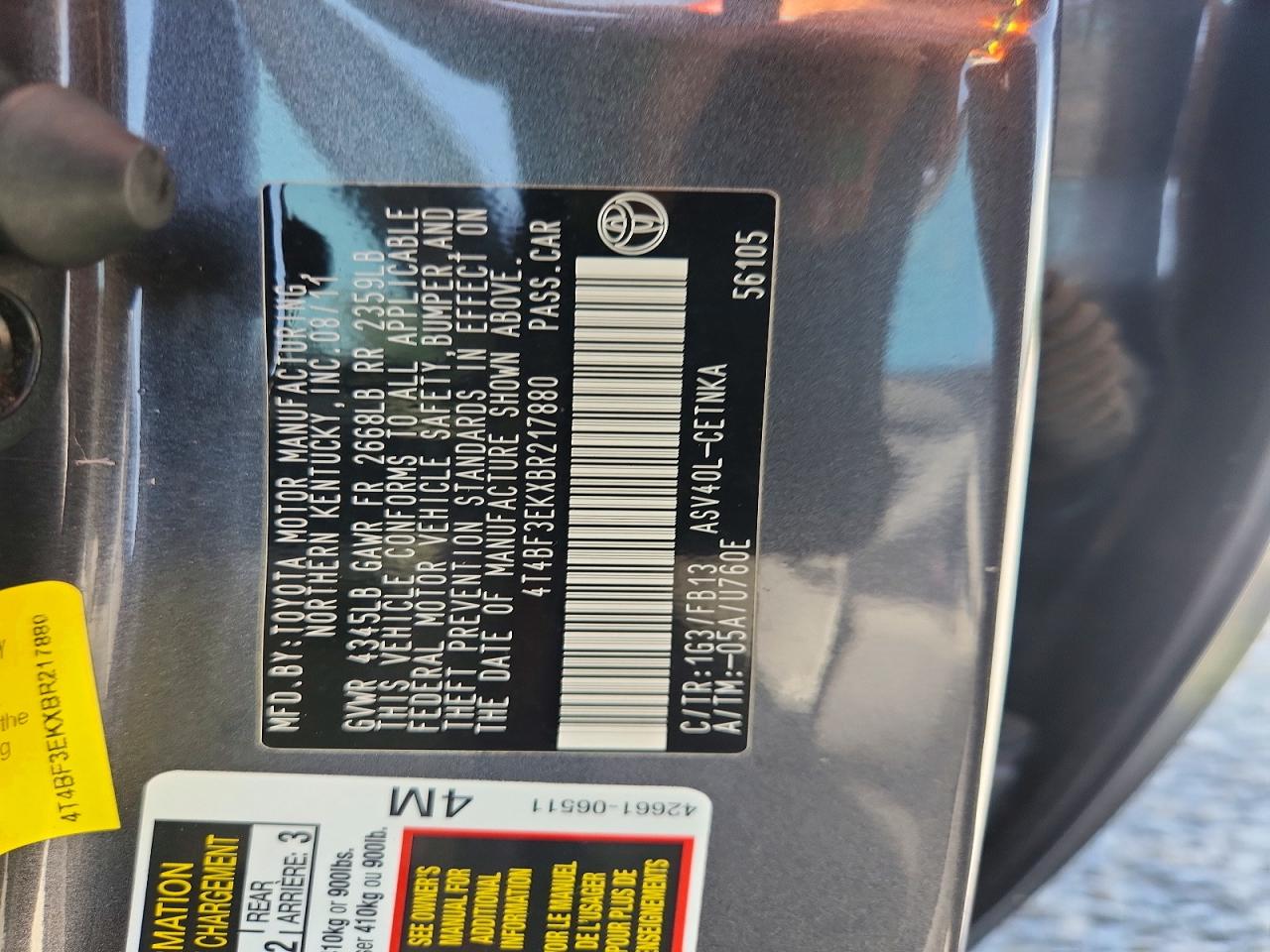 2011 Toyota Camry Le Charcoal vin: 4T4BF3EKXBR217880