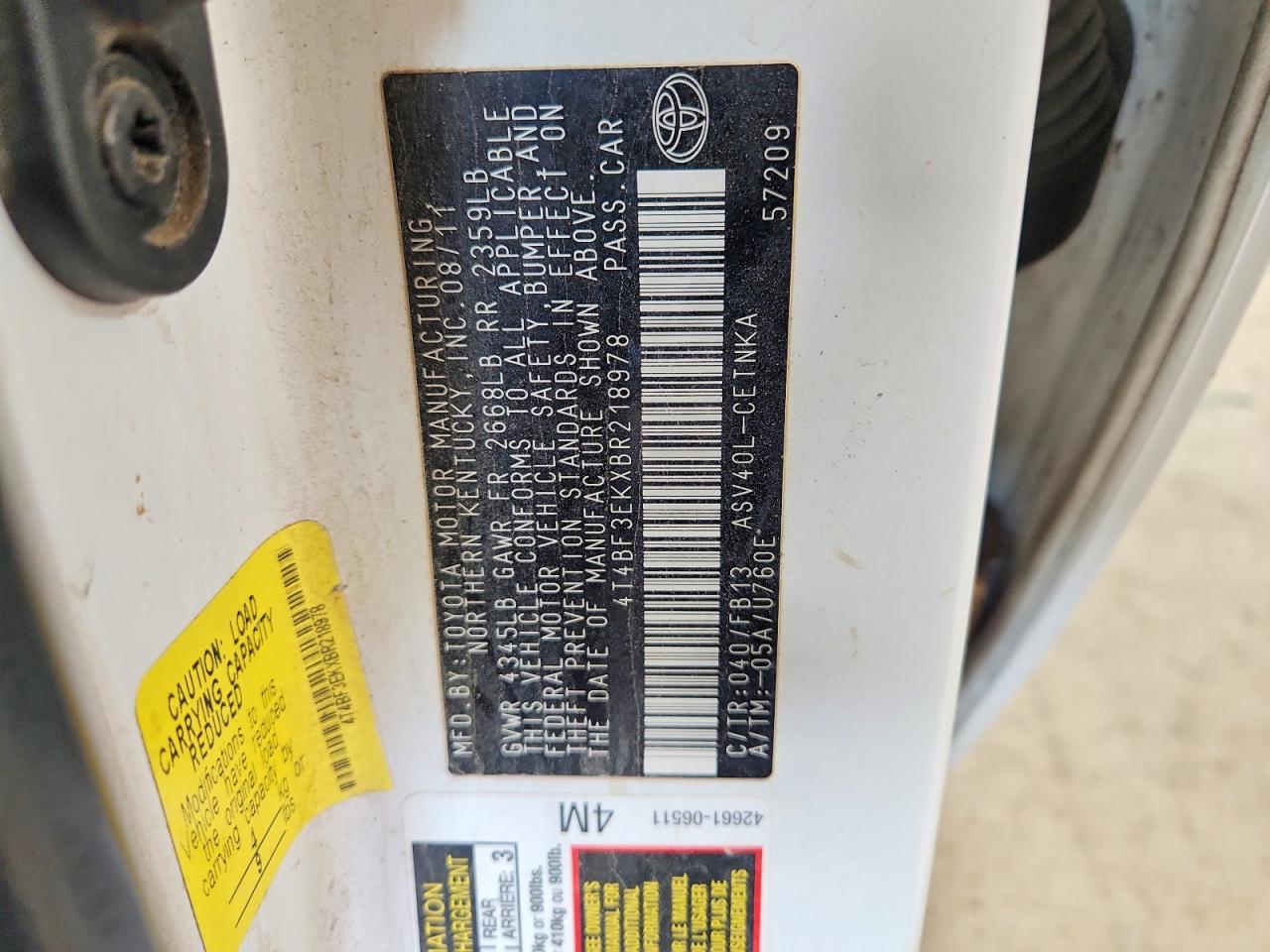 2011 Toyota Camry Le White vin: 4T4BF3EKXBR218978