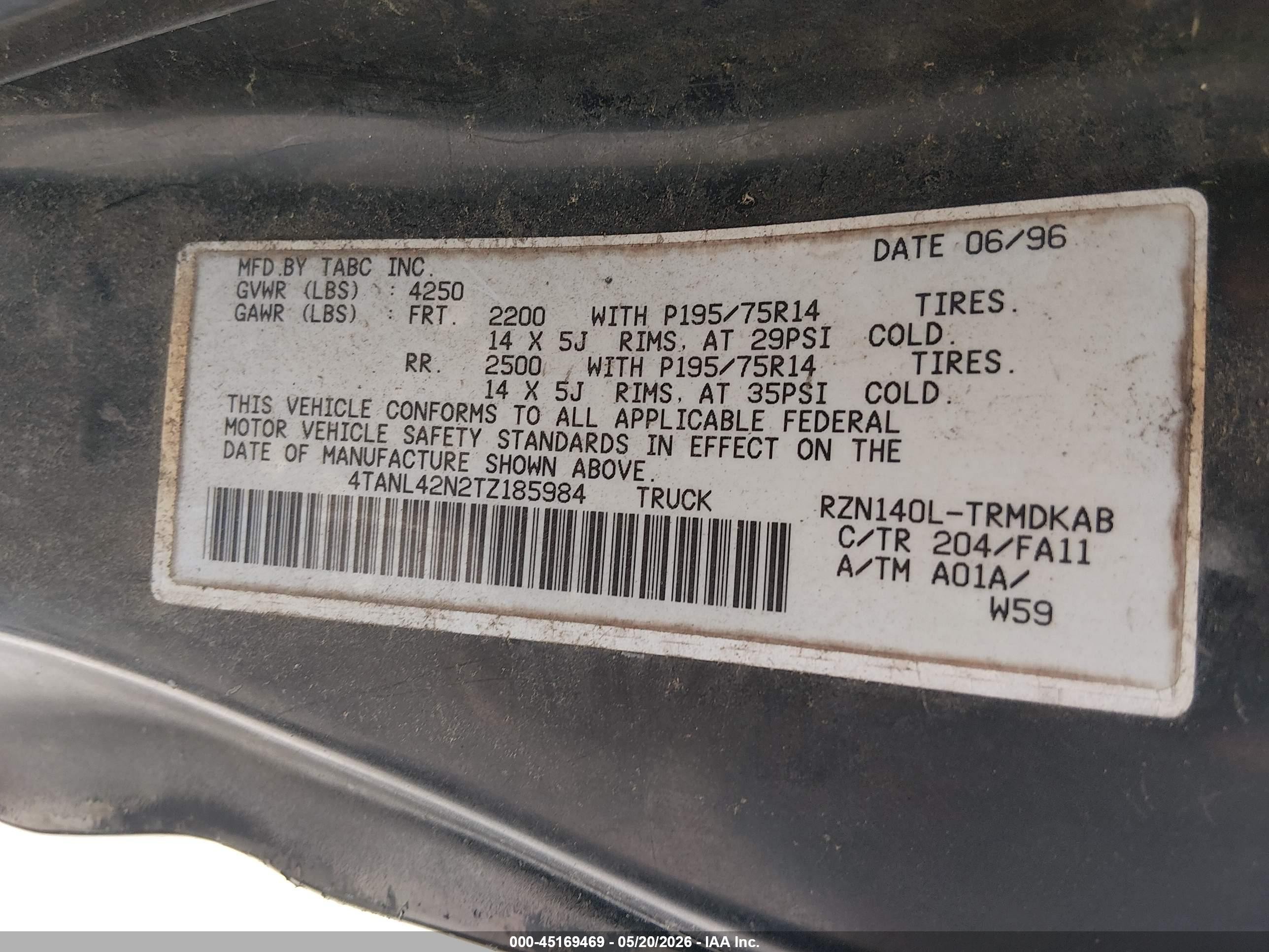 1996 Toyota Tacoma   Black vin: 4TANL42N2TZ185984
