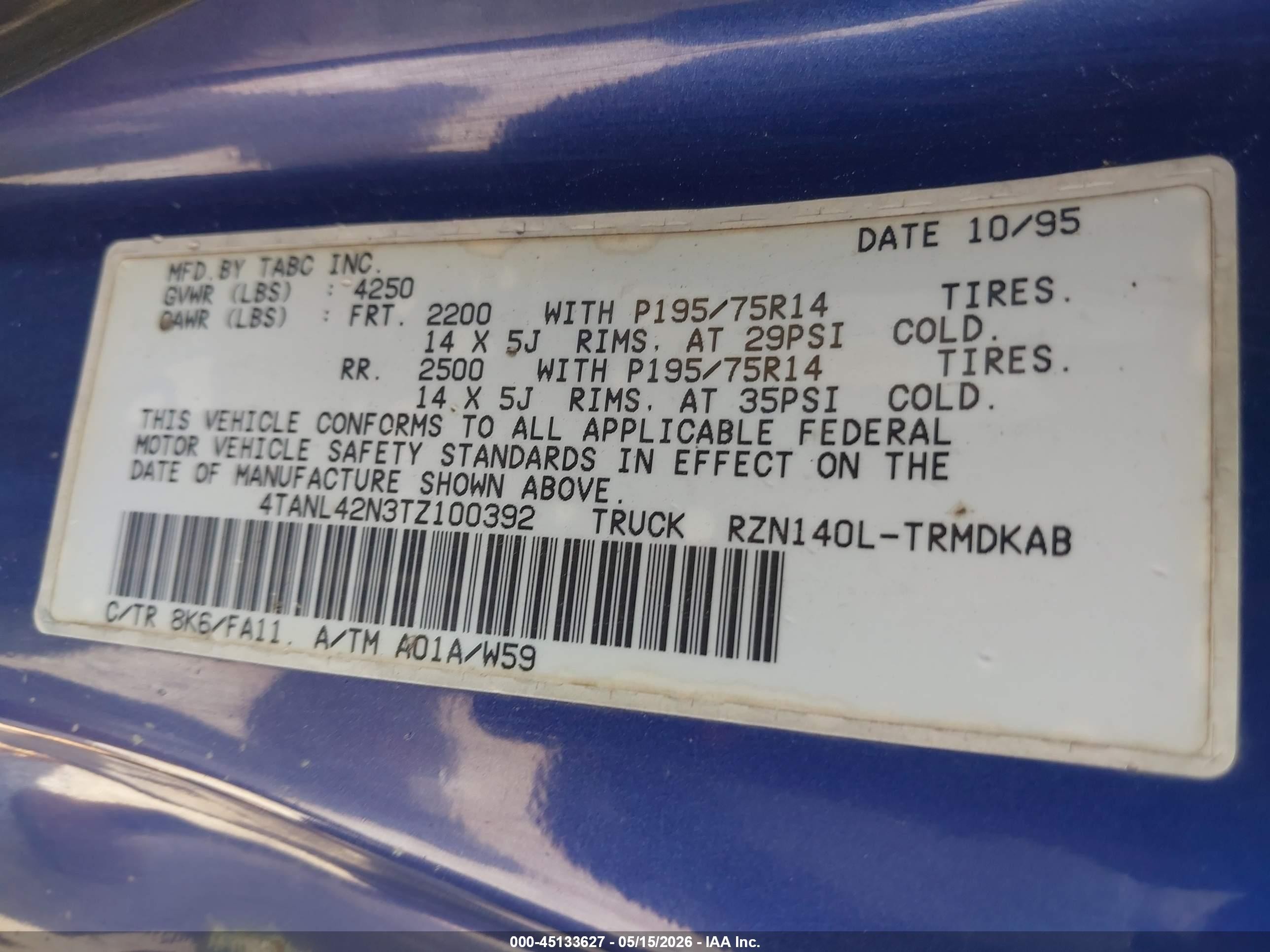 1996 Toyota Tacoma   Blue vin: 4TANL42N3TZ100392