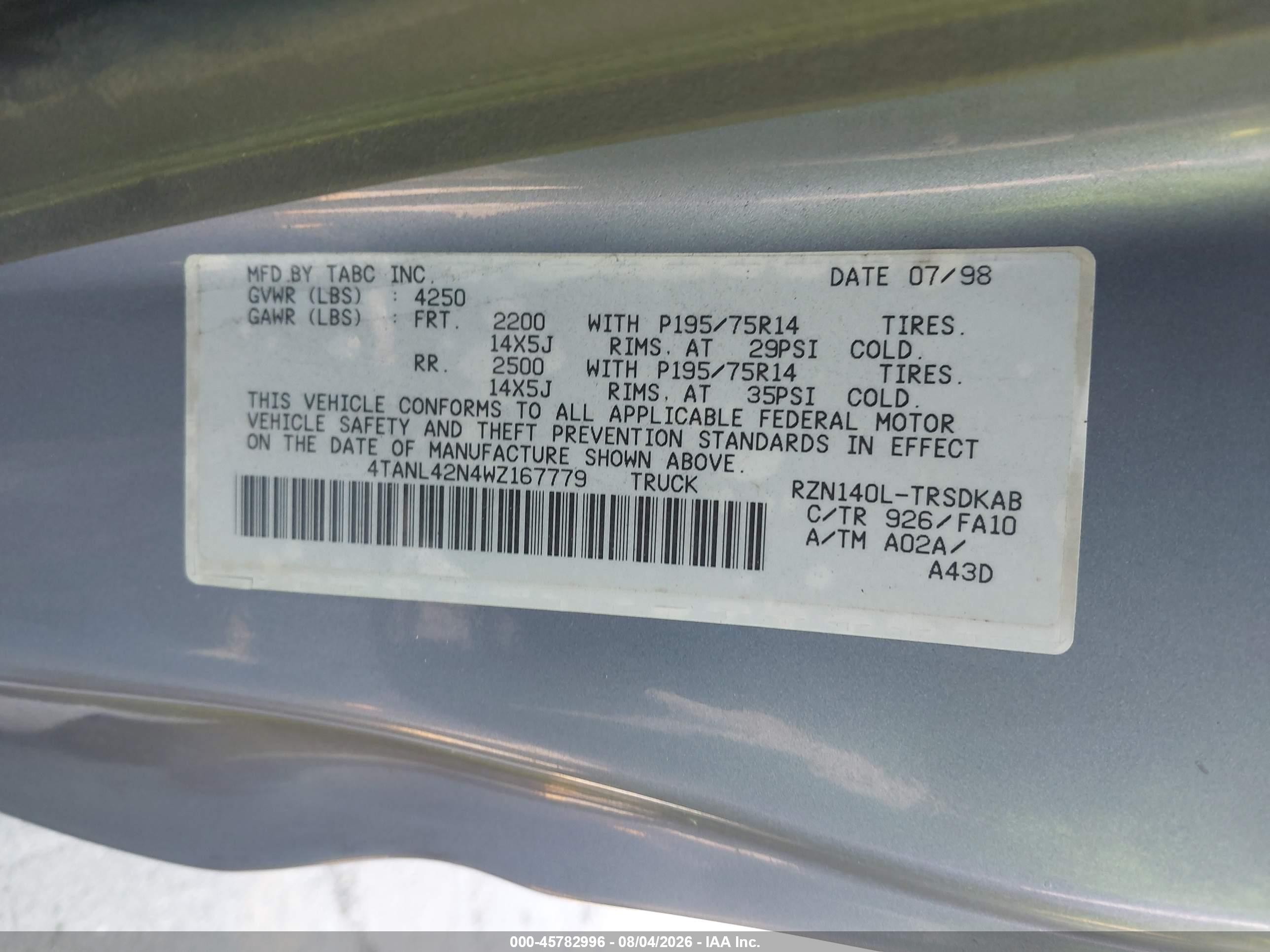 1998 Toyota Tacoma   Gray vin: 4TANL42N4WZ167779