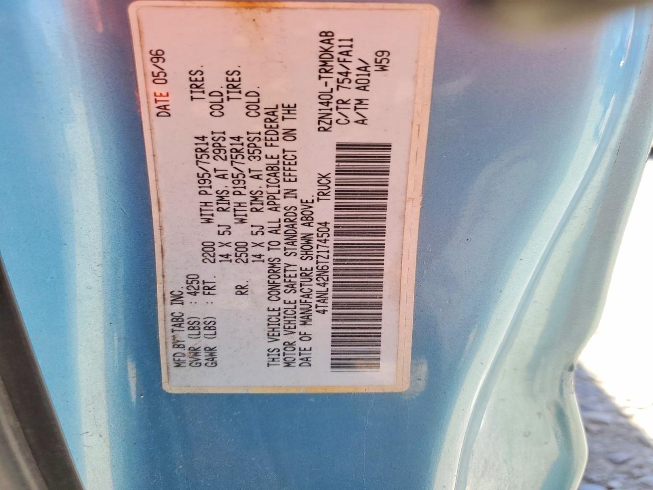 1996 Toyota Tacoma Base Turquoise vin: 4TANL42N6TZ174504