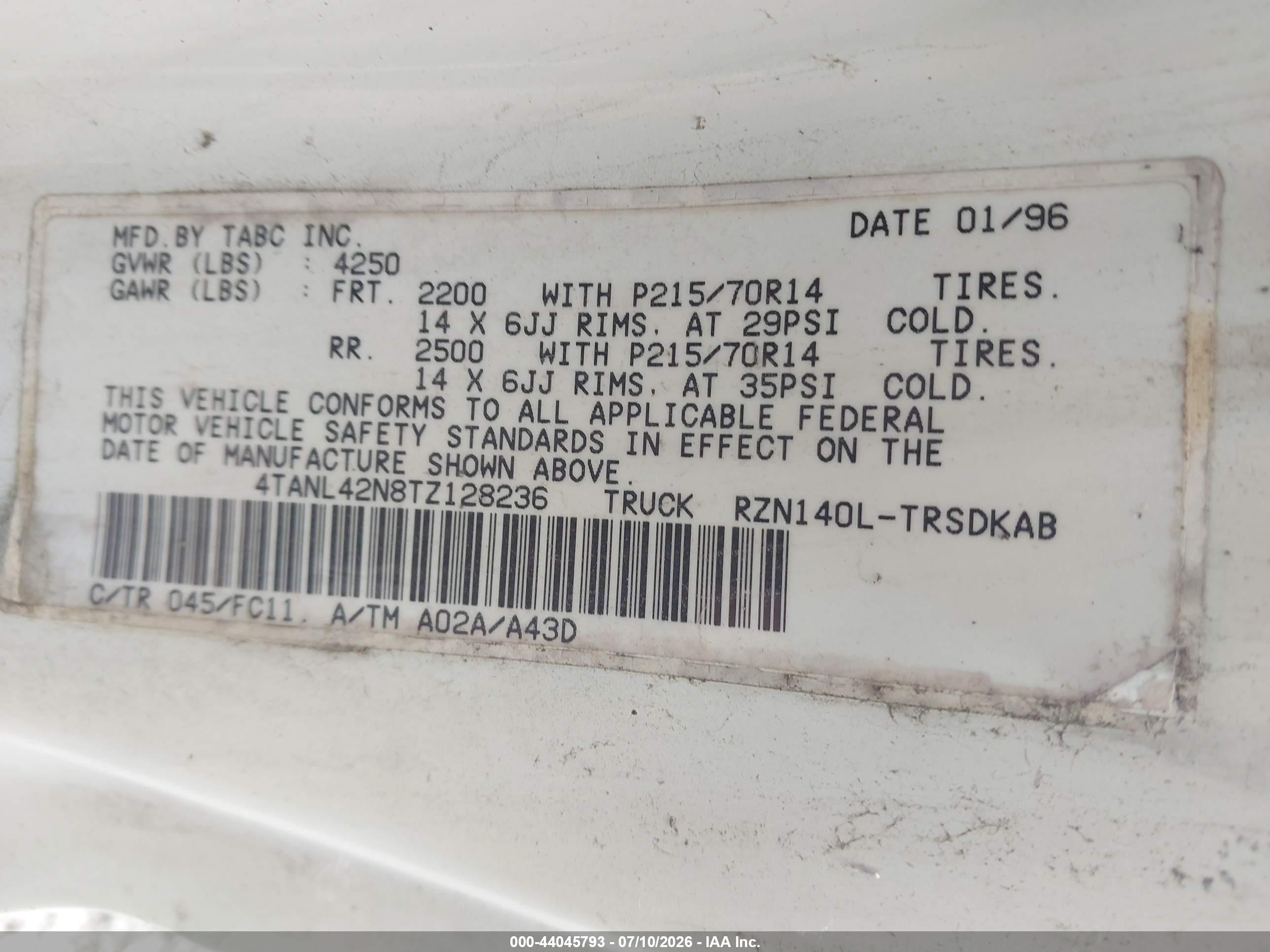 1996 Toyota Tacoma   White vin: 4TANL42N8TZ128236