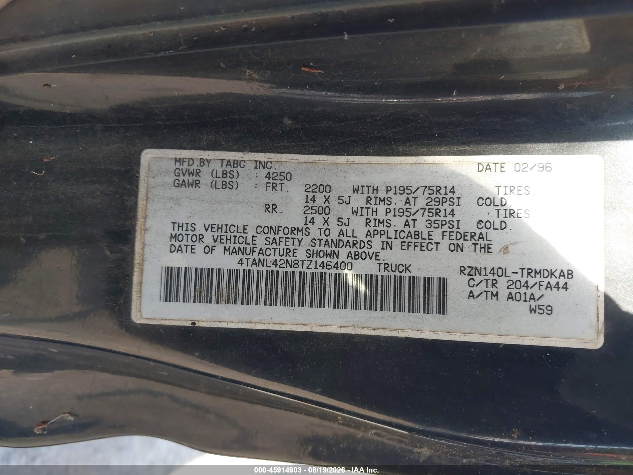 1996 Toyota Tacoma   Black vin: 4TANL42N8TZ146400