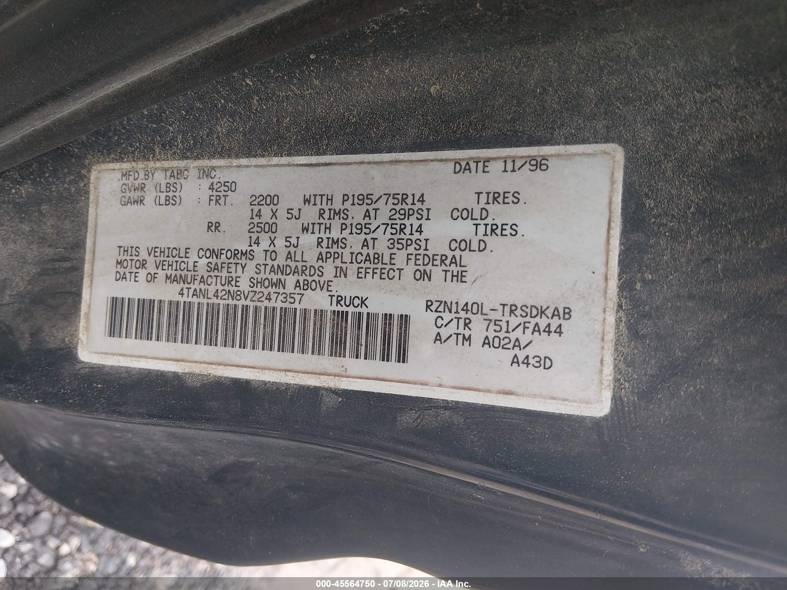 1997 Toyota Tacoma   Green vin: 4TANL42N8VZ247357