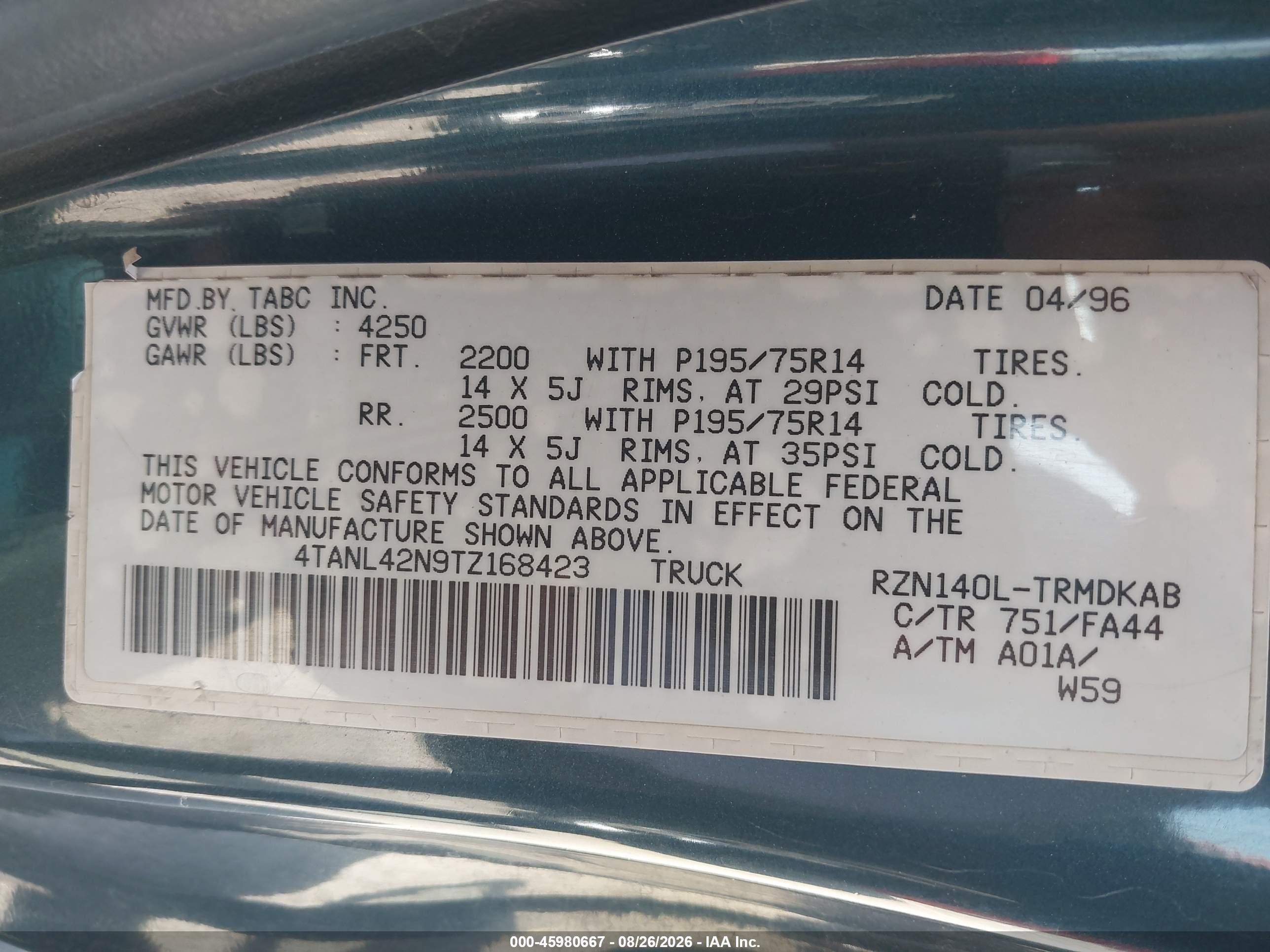 1996 Toyota Tacoma   Navy vin: 4TANL42N9TZ168423