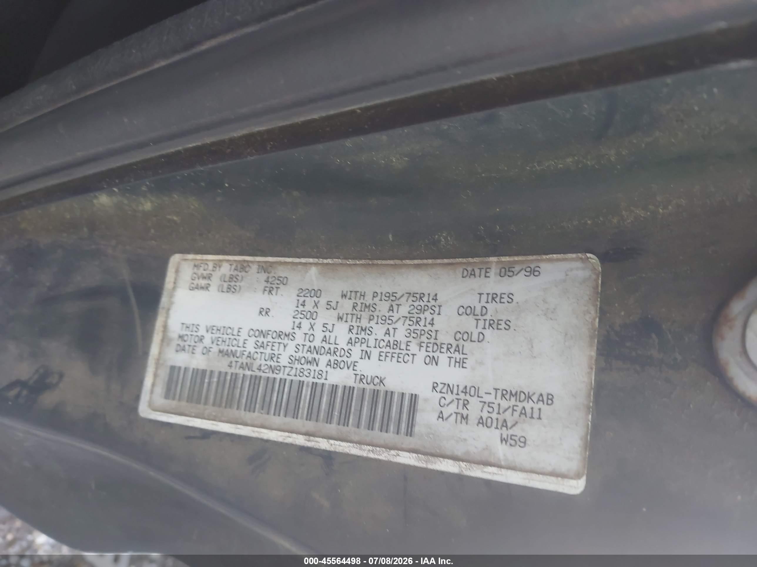 1996 Toyota Tacoma   Green vin: 4TANL42N9TZ183181