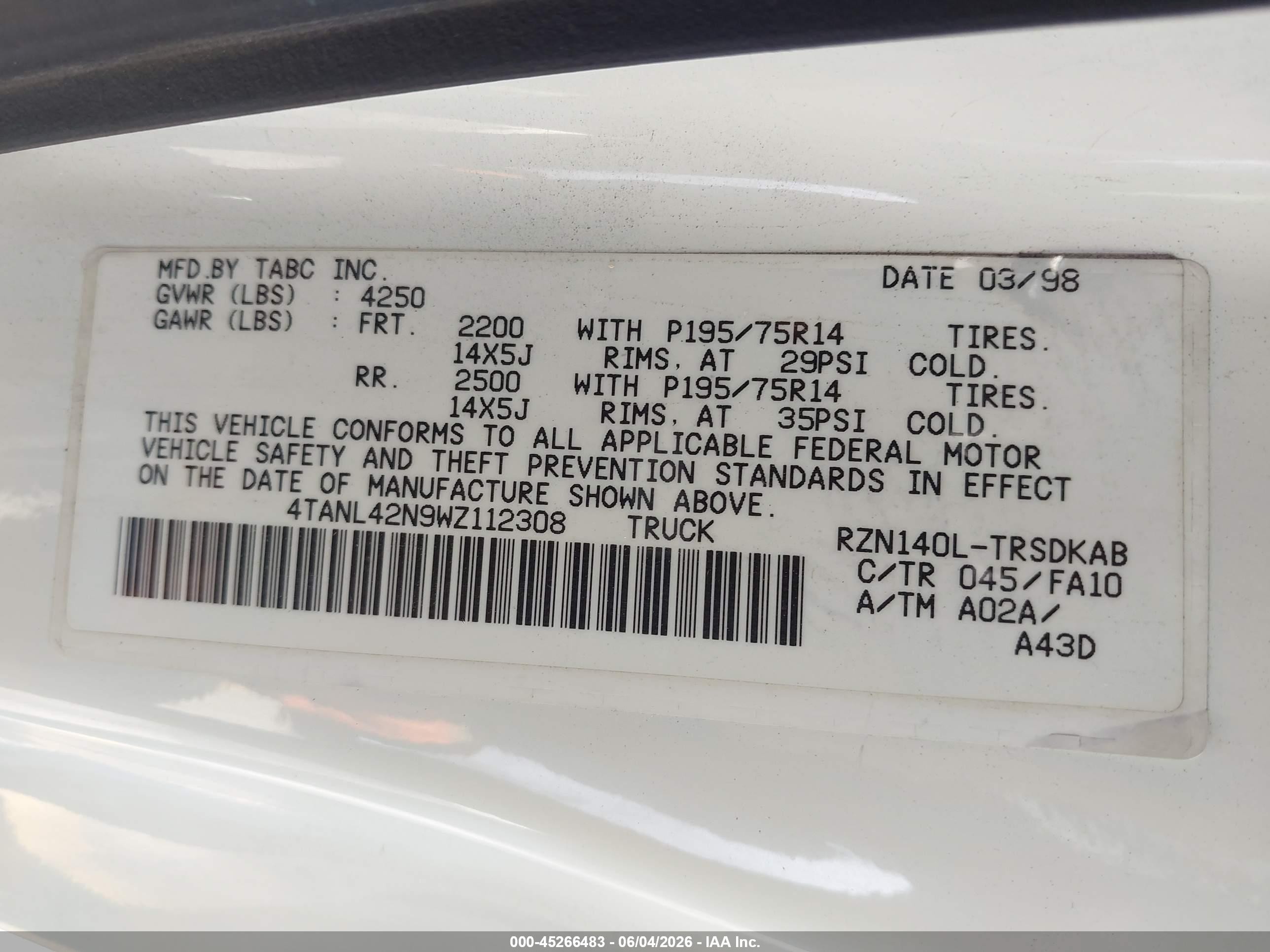 1998 Toyota Tacoma   White vin: 4TANL42N9WZ112308