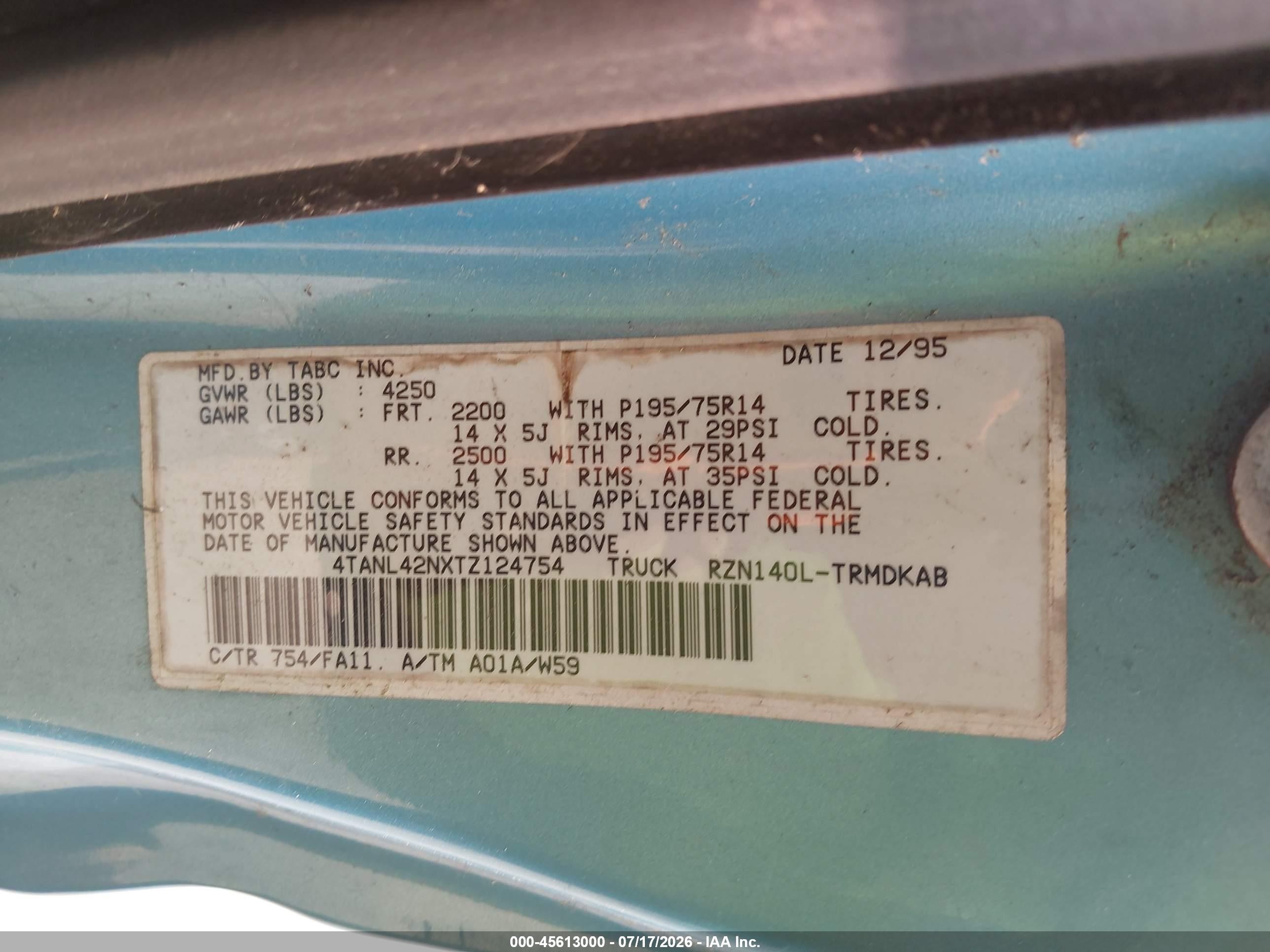 1996 Toyota Tacoma   Blue vin: 4TANL42NXTZ124754