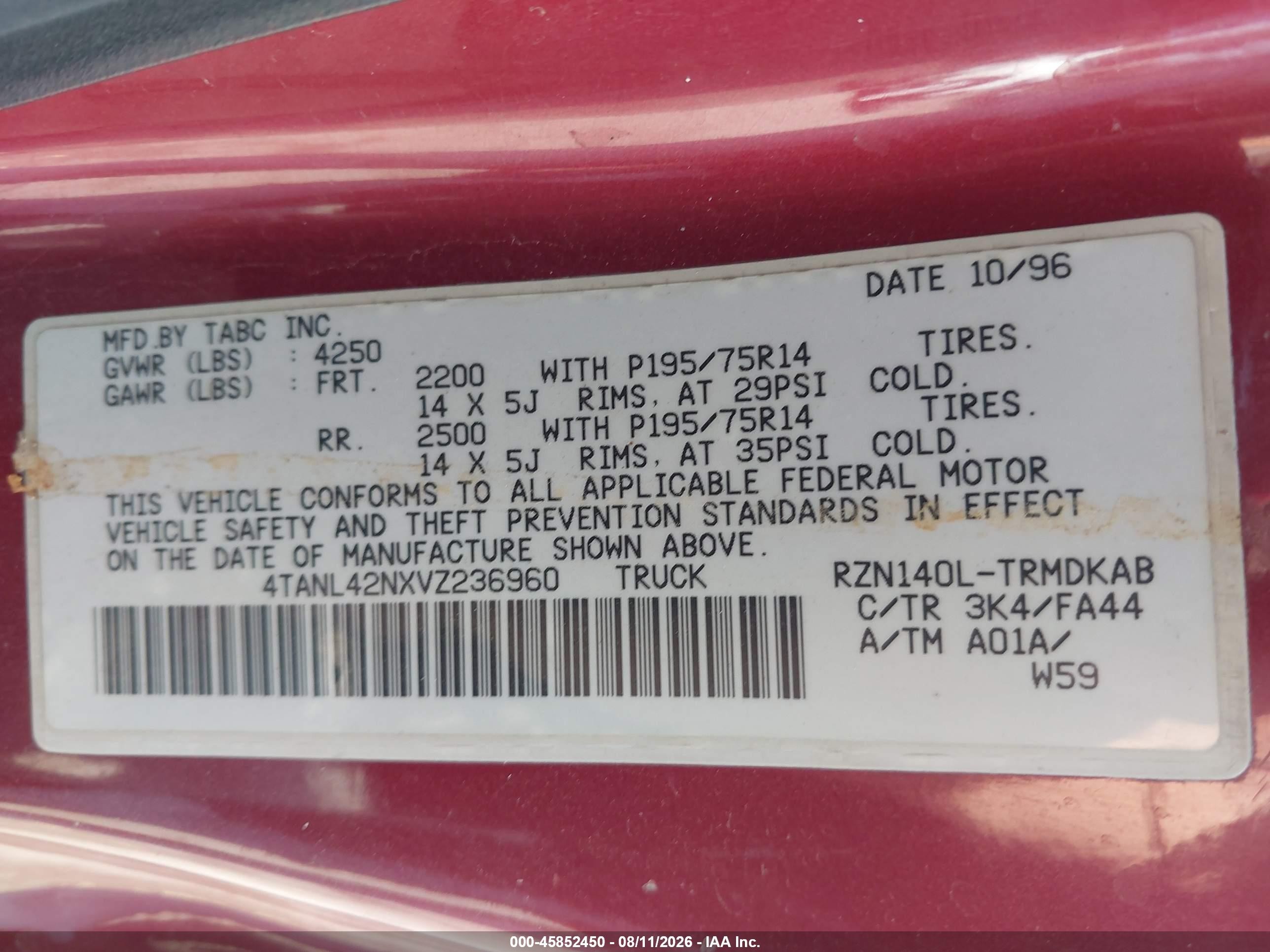 1997 Toyota Tacoma   Red vin: 4TANL42NXVZ236960