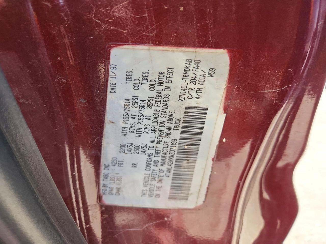 1998 Toyota Tacoma Base Burgundy vin: 4TANL42NXWZ071199