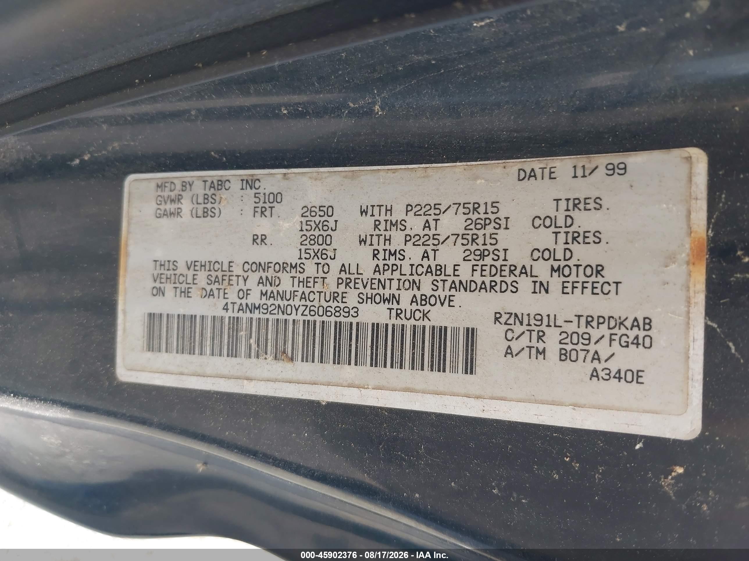2000 Toyota Tacoma Prerunner Черный vin: 4TANM92N0YZ606893