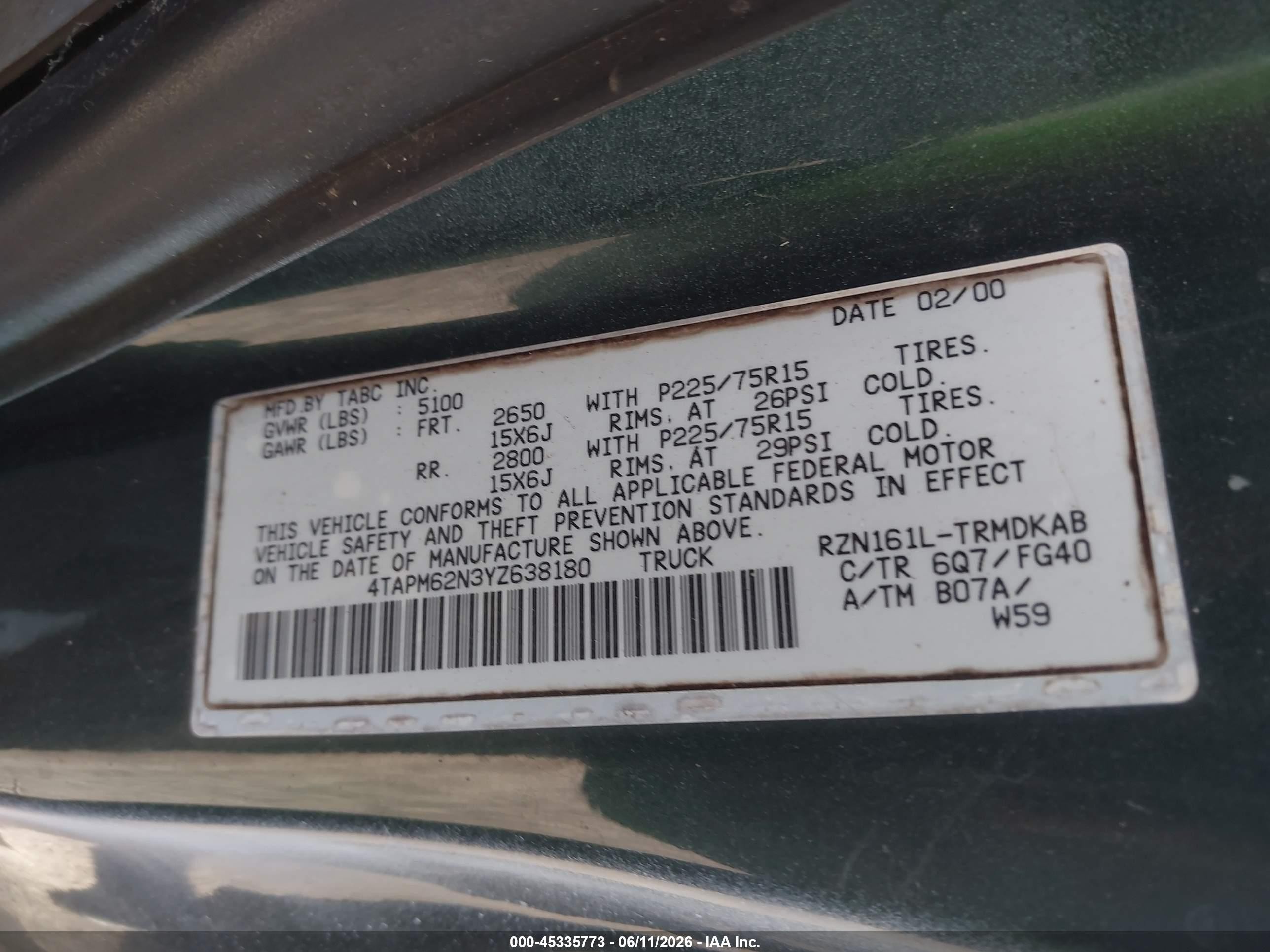 2000 Toyota Tacoma   Gray vin: 4TAPM62N3YZ638180