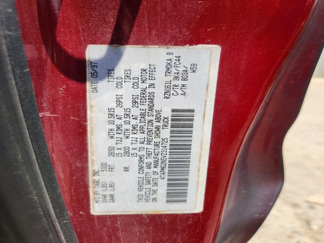 1997 Toyota Tacoma Base Black vin: 4TAPM62N5VZ314725