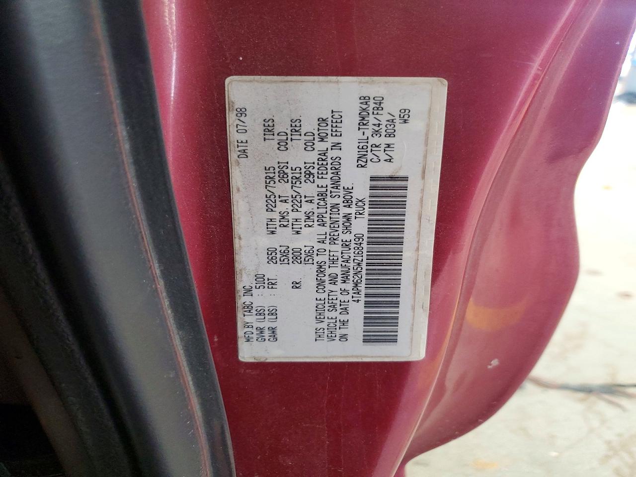 1998 Toyota Tacoma Base Burgundy vin: 4TAPM62N5WZ168490