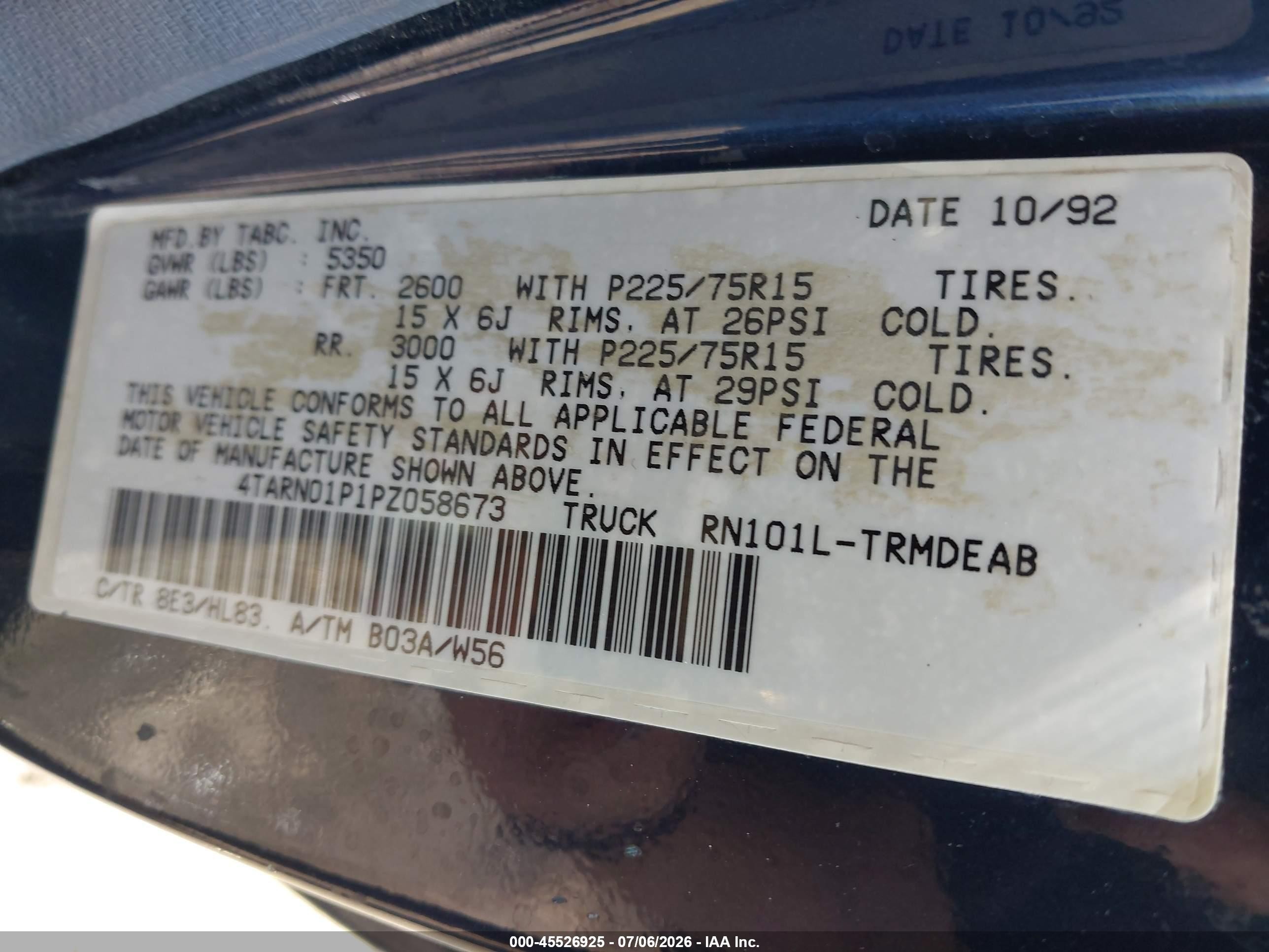 1993 Toyota Pickup 1/2 Ton Short Whlbse Dx Dark Blue vin: 4TARN01P1PZ058673