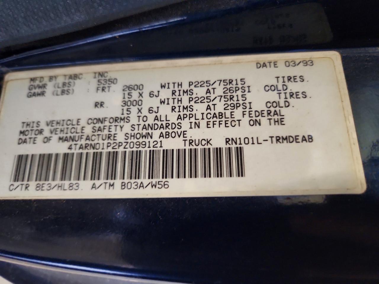 1993 Toyota Pickup 1/2 Ton Short Wheelbase Dx Blue vin: 4TARN01P2PZ099121