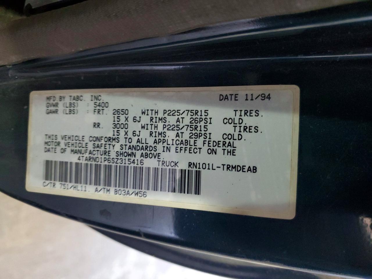 1995 Toyota Pickup Dx Teal vin: 4TARN01P6SZ315416