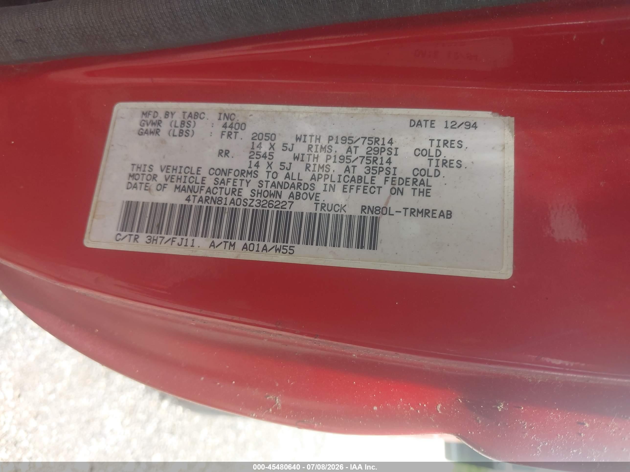 1995 Toyota Pickup 1/2 Ton Short Whlbase Stb Red vin: 4TARN81A0SZ326227