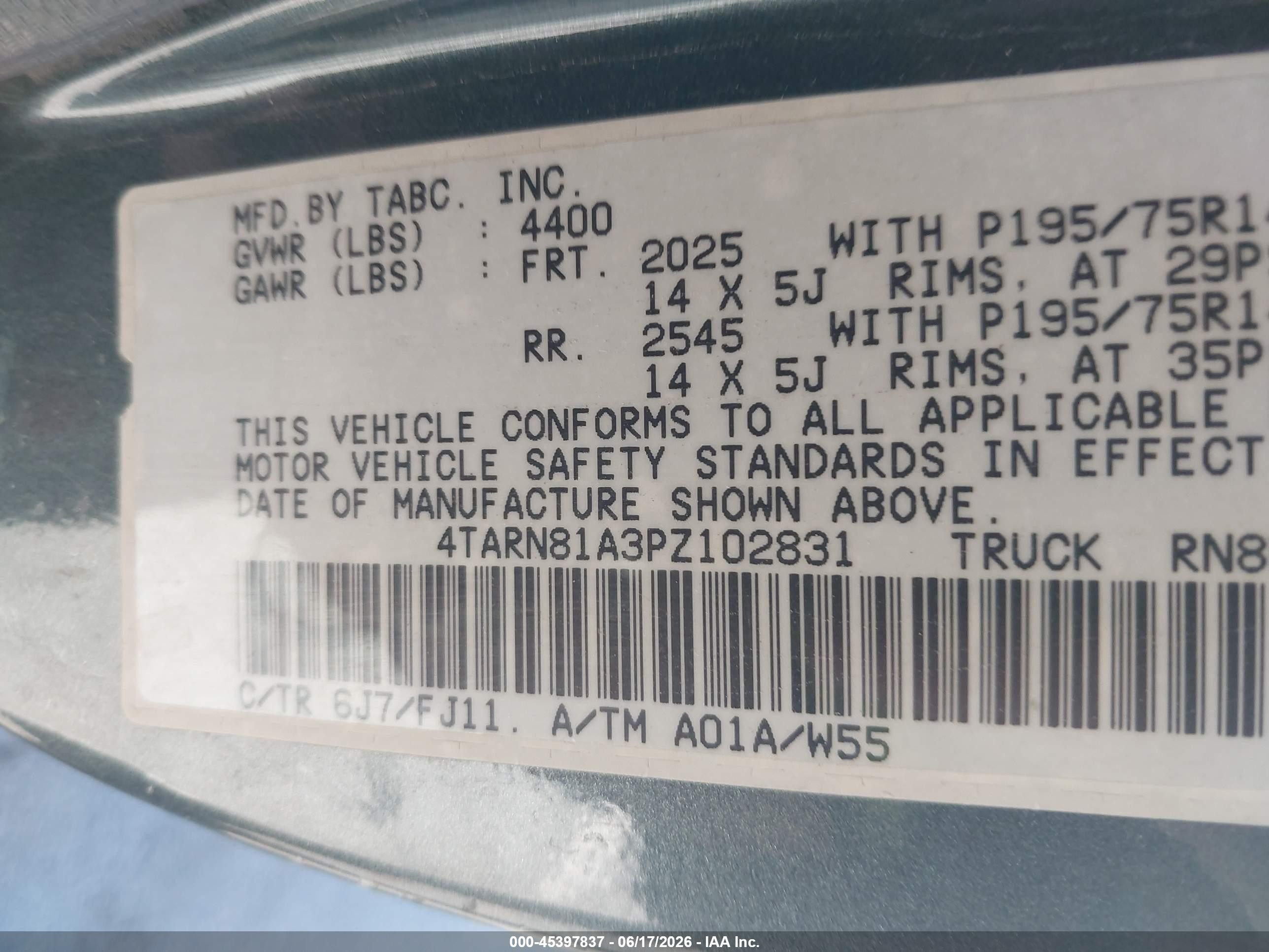 1993 Toyota Pickup 1/2 Ton Short Whlbase Stb Black vin: 4TARN81A3PZ102831