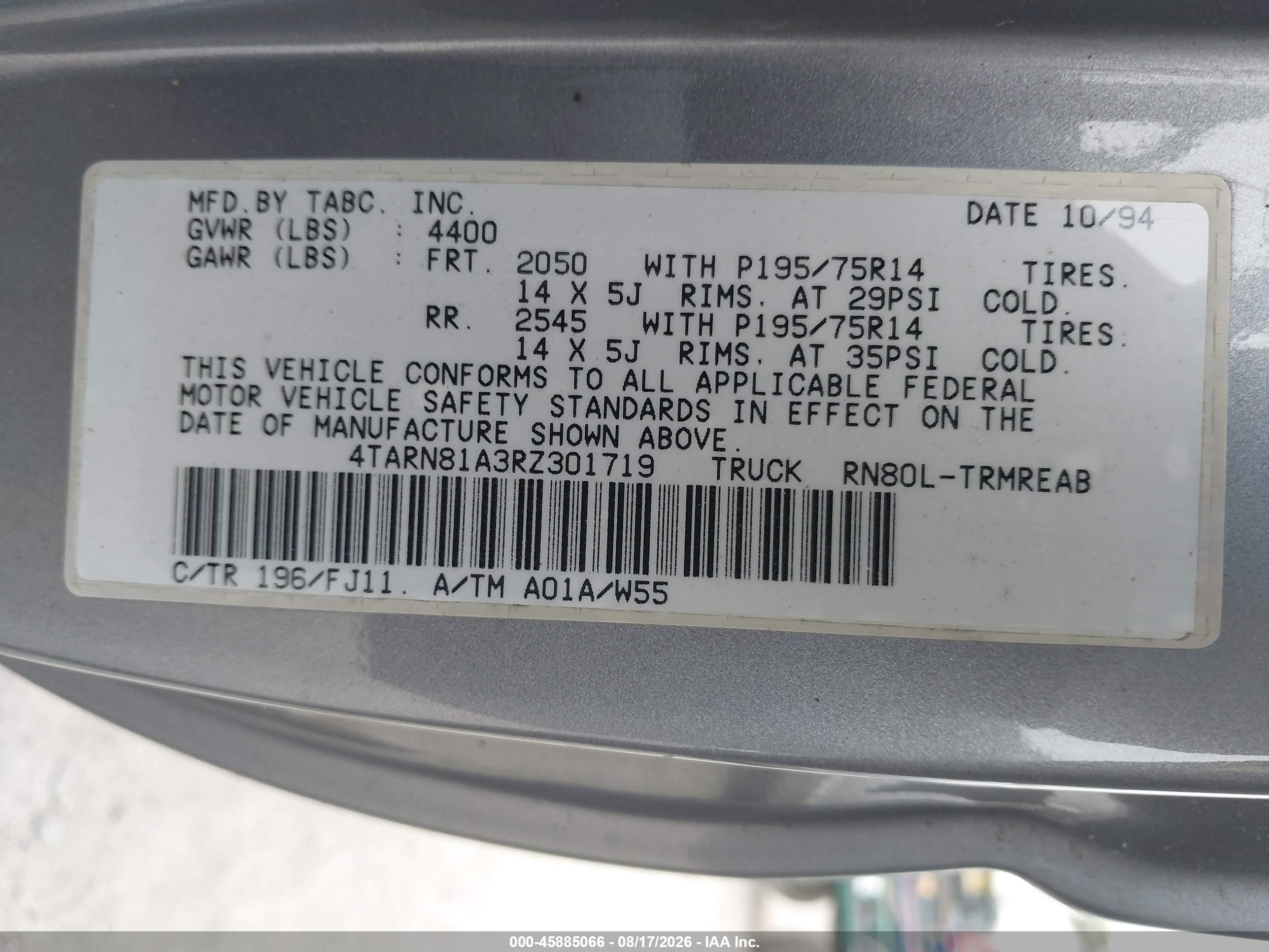 1994 Toyota Pickup 1/2 Ton Short Whlbase Stb Gray vin: 4TARN81A3RZ301719