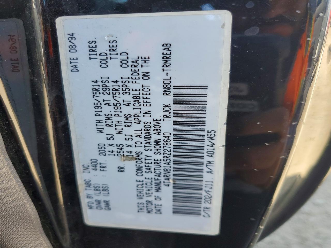 1994 Toyota Pickup Base Black vin: 4TARN81A5RZ278640