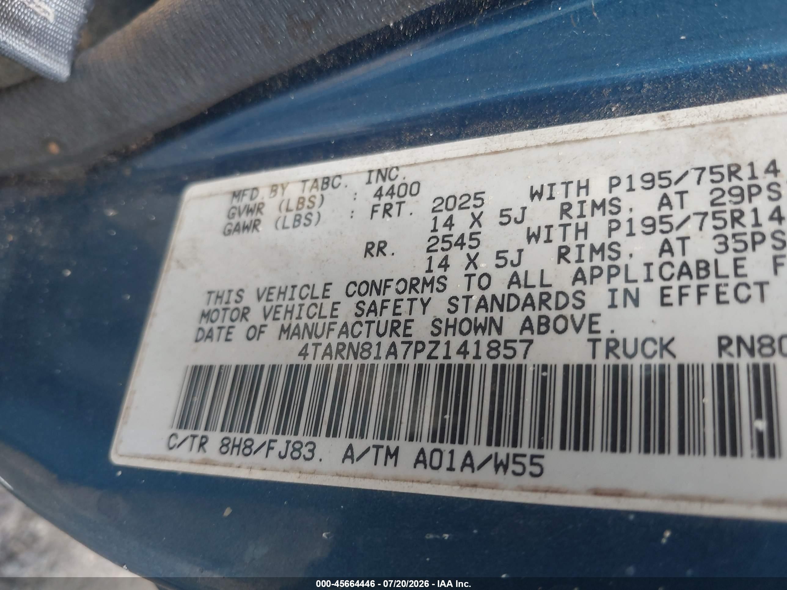 1993 Toyota Pickup 1/2 Ton Short Whlbase Stb Blue vin: 4TARN81A7PZ141857