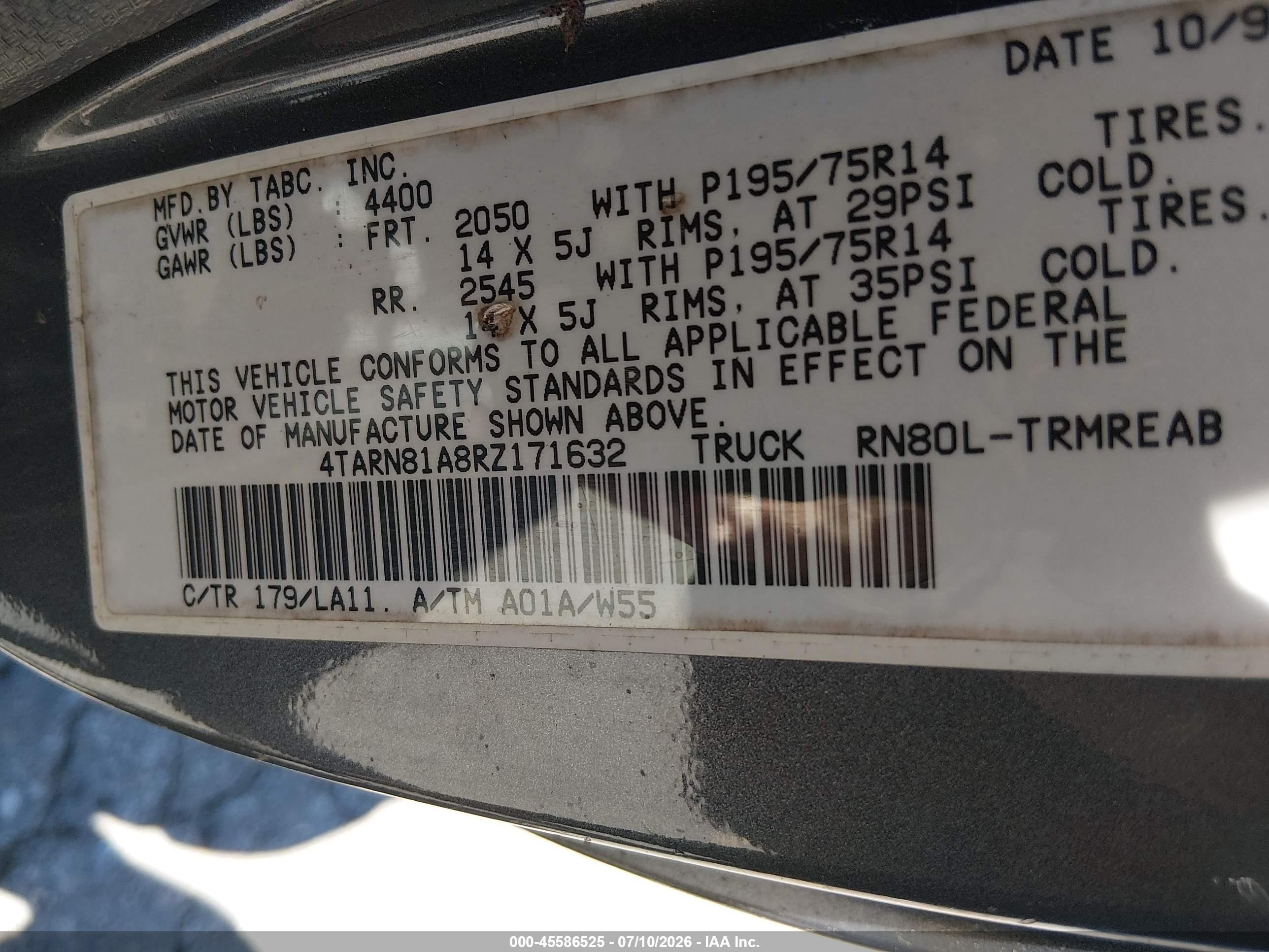 1994 Toyota Pickup 1/2 Ton Short Whlbase Stb Gray vin: 4TARN81A8RZ171632