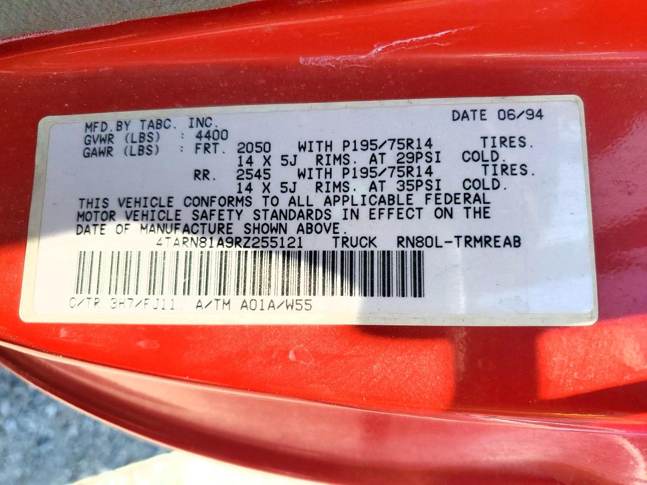 1994 Toyota Pickup Base Red vin: 4TARN81A9RZ255121