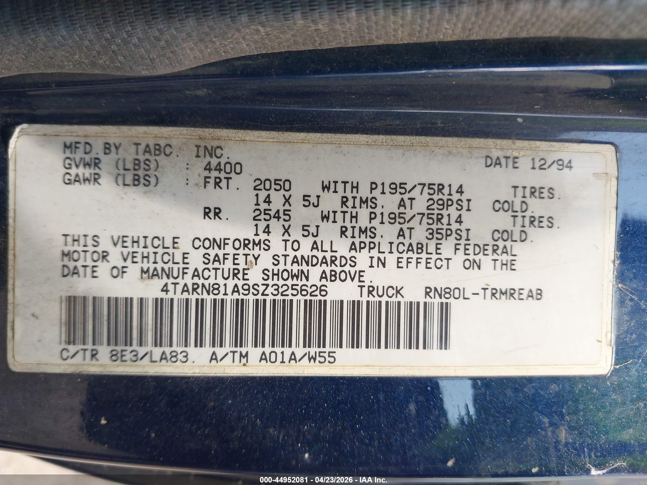 1995 Toyota Pickup 1/2 Ton Short Whlbase Stb Blue vin: 4TARN81A9SZ325626
