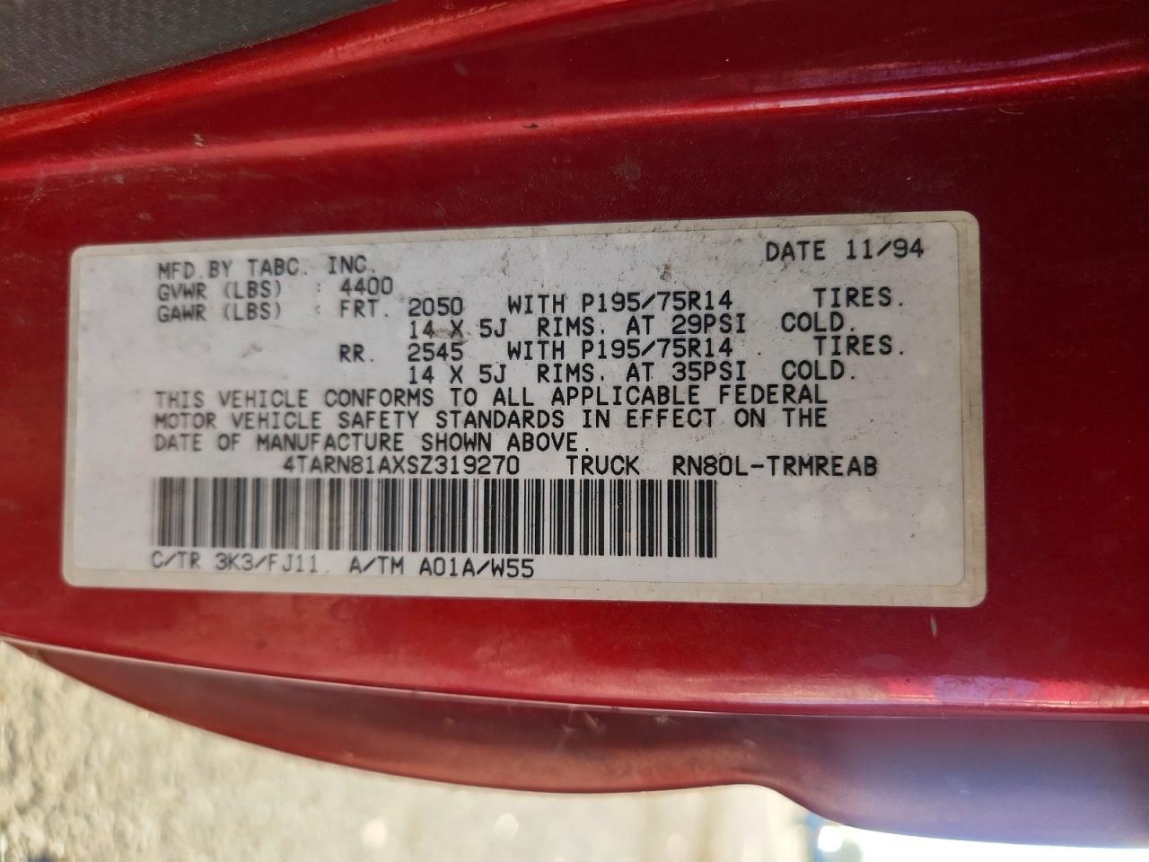 1995 Toyota Pickup Base Red vin: 4TARN81AXSZ319270