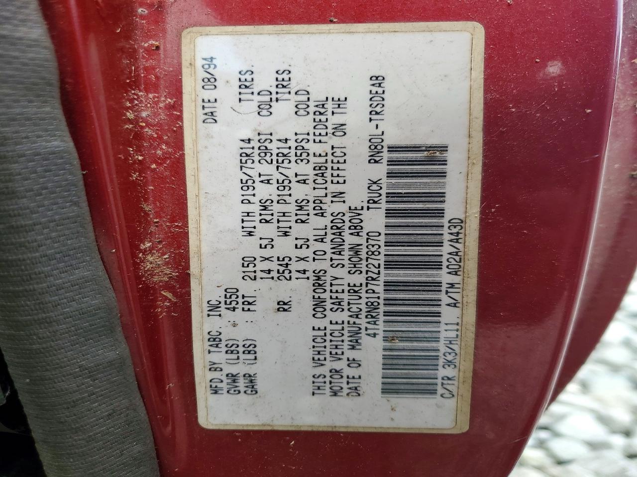 1994 Toyota Pickup 1/2 Ton Short Wheelbase Dx Red vin: 4TARN81P7RZ278370