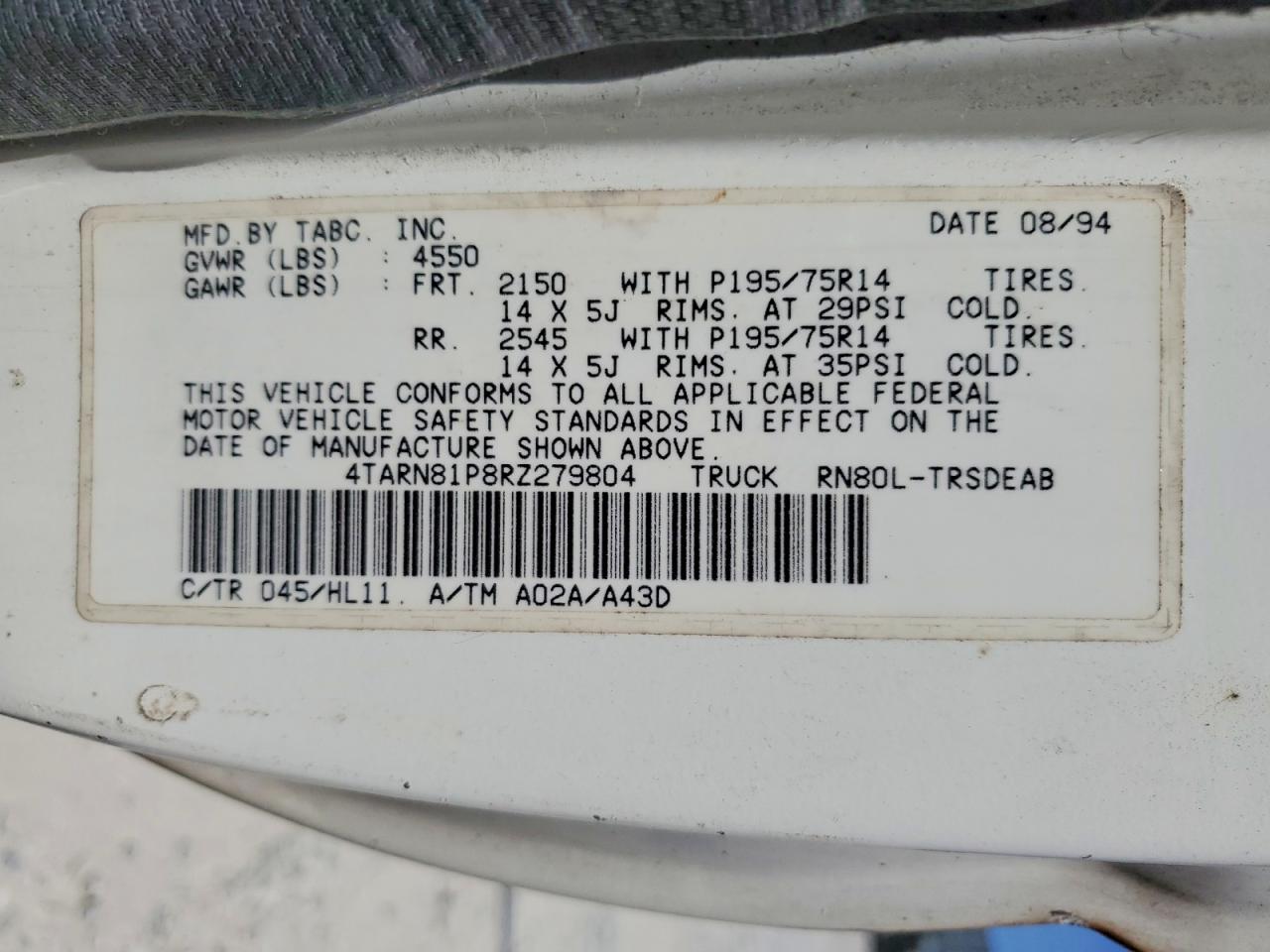 1994 Toyota Pickup Dx White vin: 4TARN81P8RZ279804