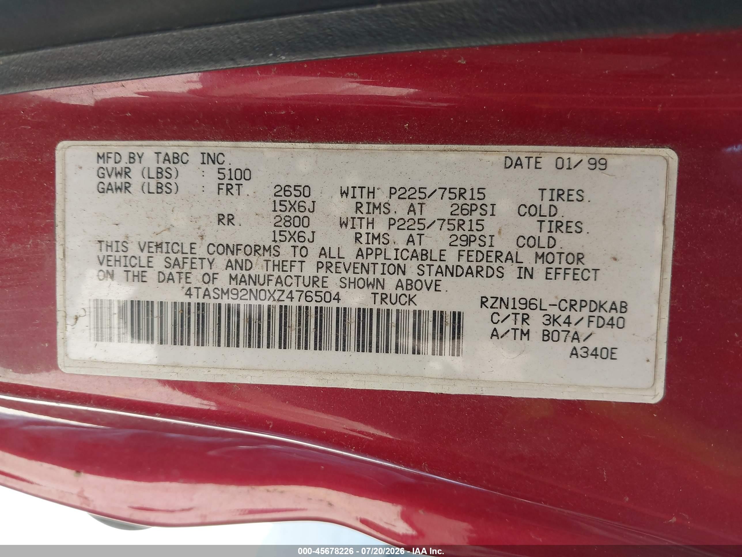 1999 Toyota Tacoma Prerunner Red vin: 4TASM92N0XZ476504