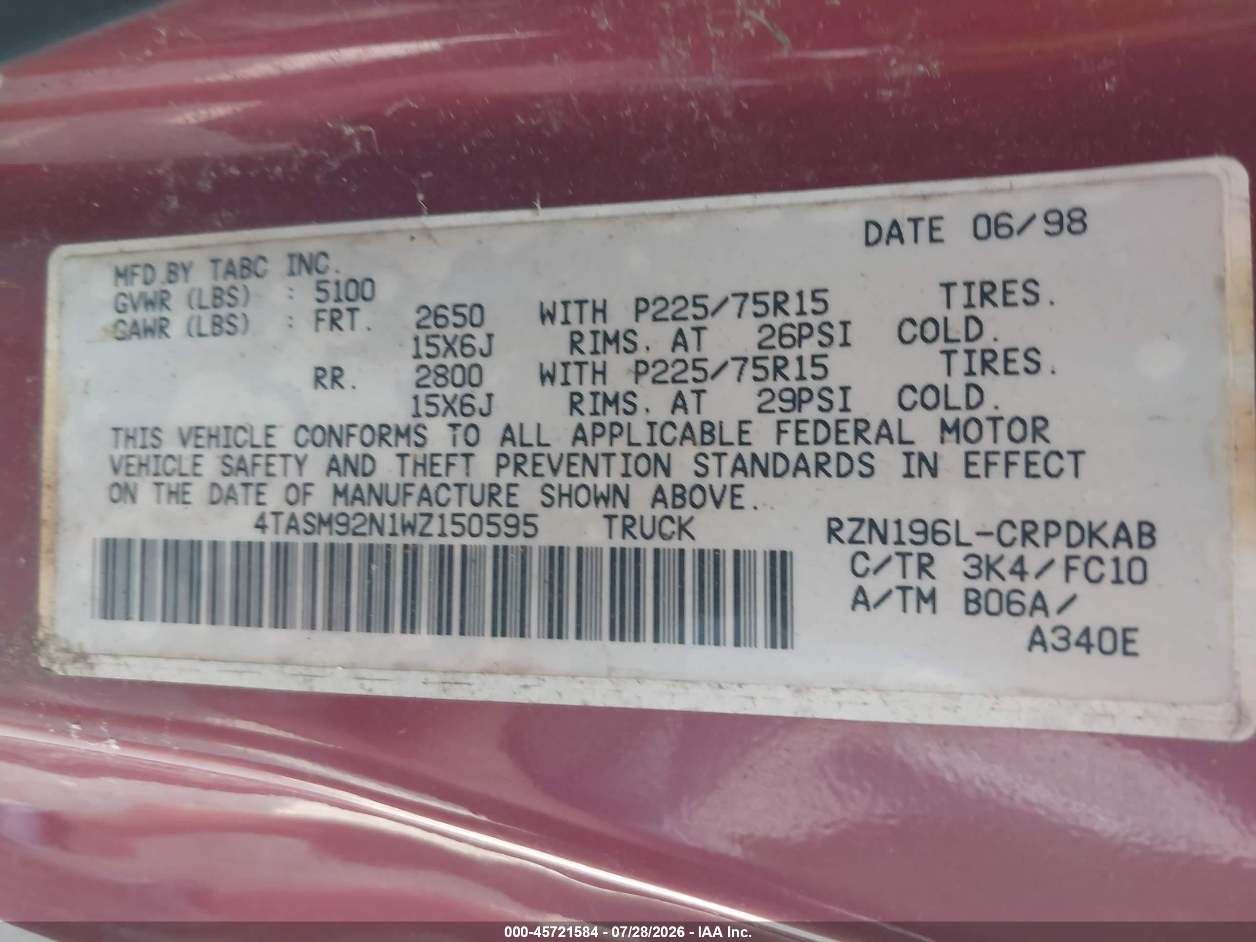 1998 Toyota Tacoma Prerunner Maroon vin: 4TASM92N1WZ150595