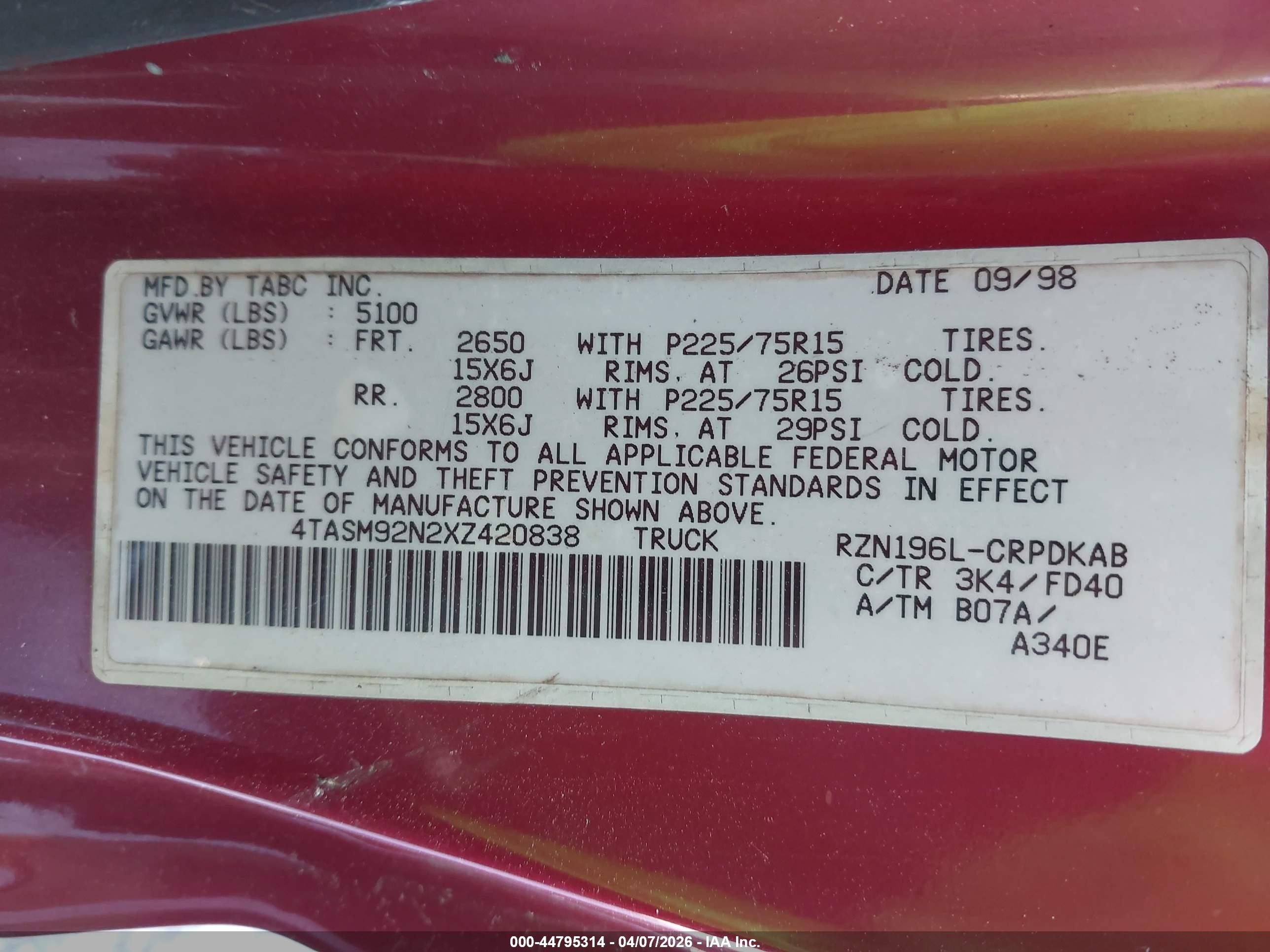 1999 Toyota Tacoma Prerunner Red vin: 4TASM92N2XZ420838