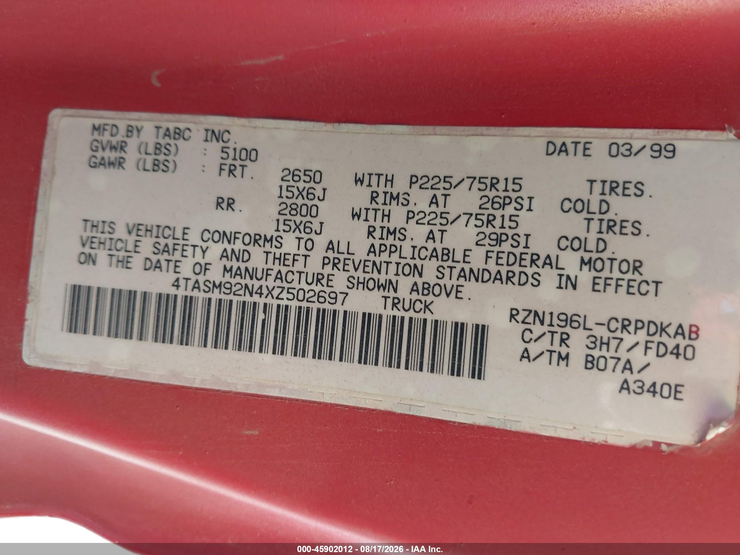 1999 Toyota Tacoma Prerunner Red vin: 4TASM92N4XZ502697
